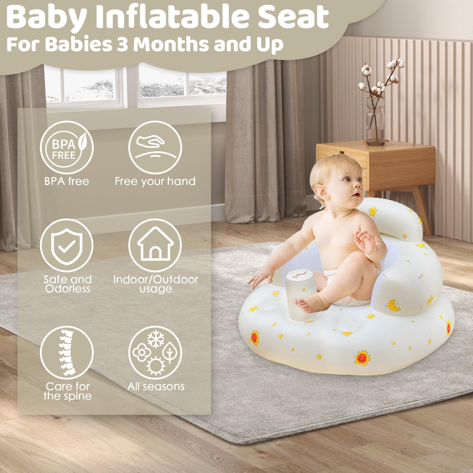 Inflatable Baby Seat for Infants 3-12 Months | Portable Blow Up Baby Chair with Built-in Air Pump | Summer Toddler Support Seat for Sitting Up | Perfect for Indoor Play, Beach Trips & Outdoor Activities