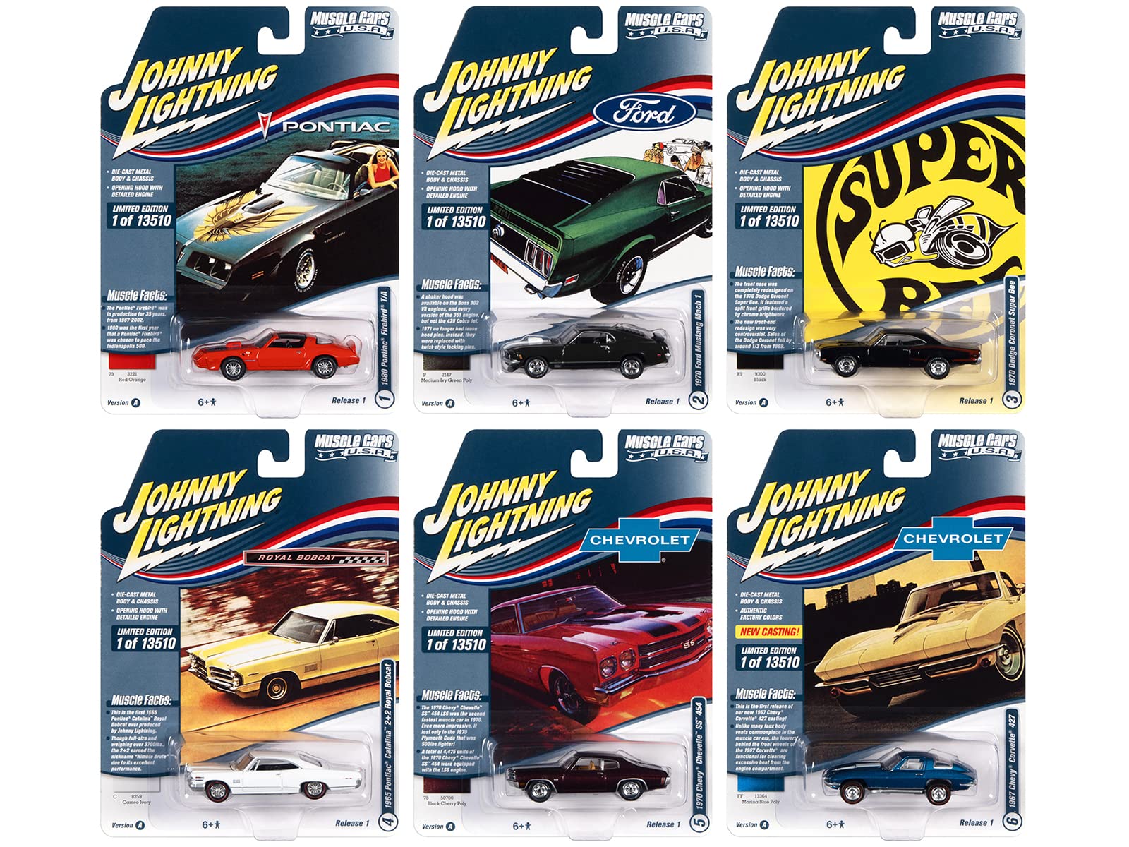 Johnny Lightning JLMC029 A 1/64 Scale Diecast Muscle Cars USA 2022 Set - 6 Piece Collectible Model Cars for Display, Gifts & Racing Enthusiasts