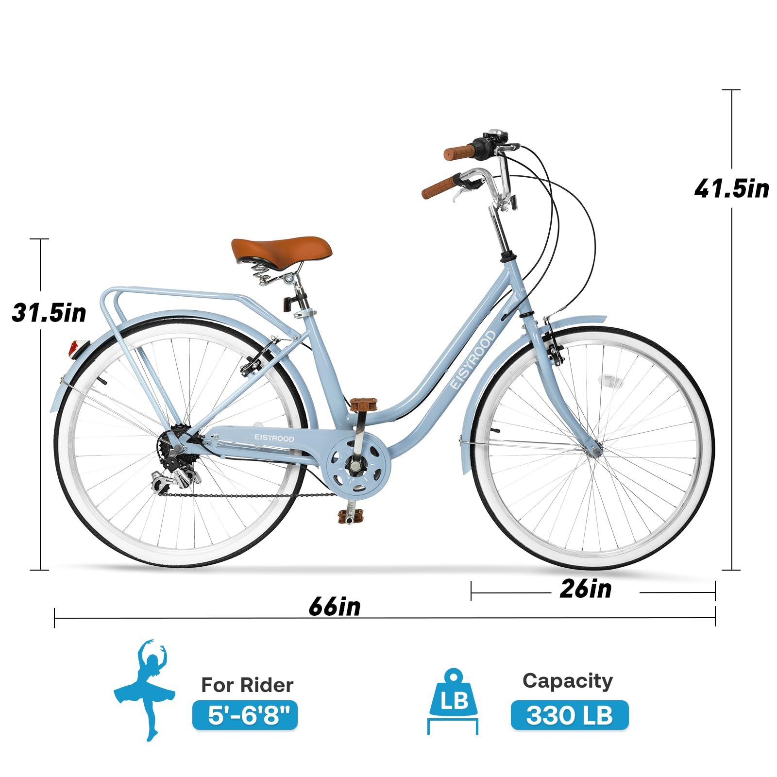 26 Inch Women's Beach Cruiser Bike - 7-Speed Hybrid Bicycle with Adjustable Seat & Anti-Skid Tires - Double Bar Frame with Basket in Blue - Perfect for Coastal Rides, City Commuting & Leisure Cycling