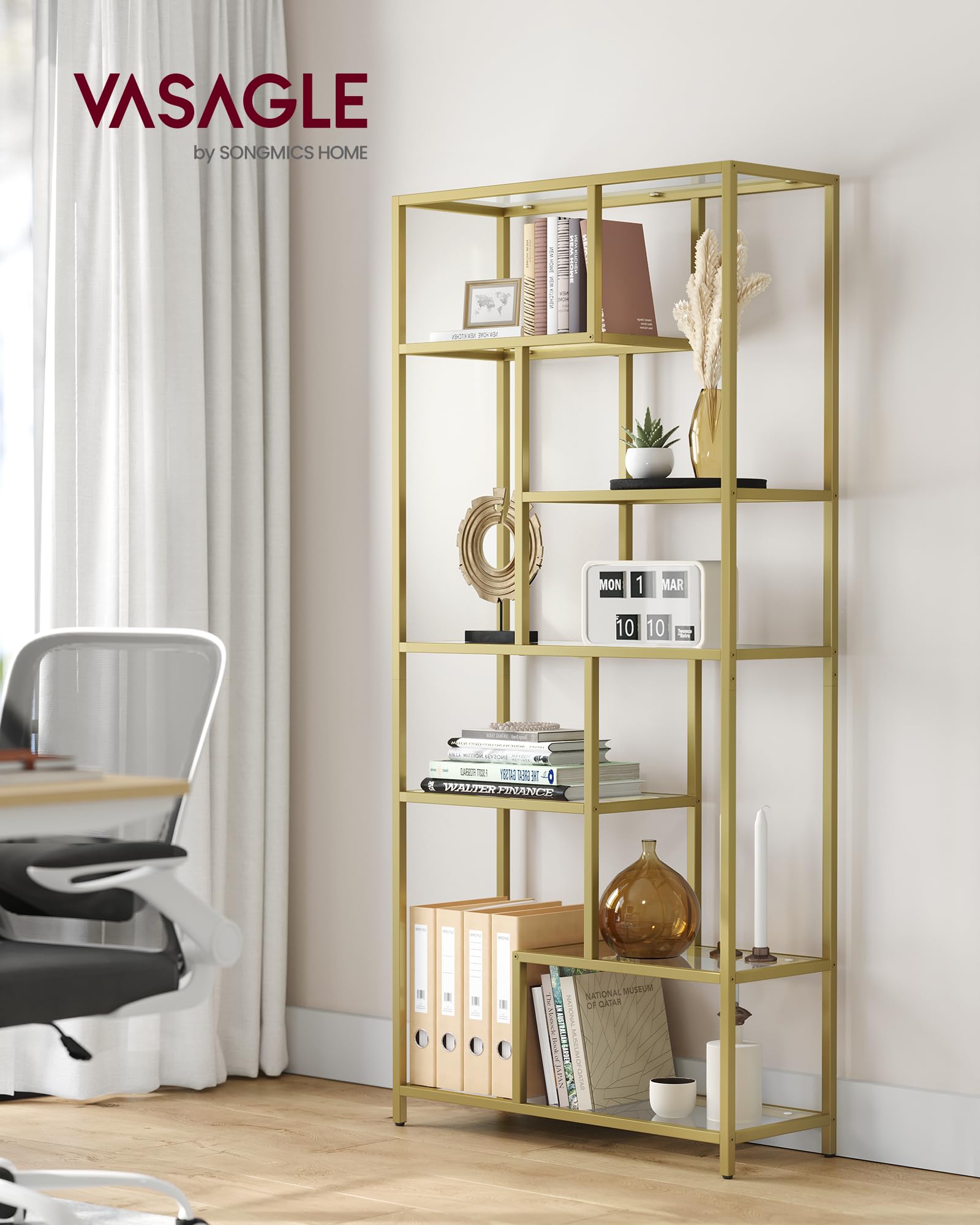 VASAGLE 6-Tier Tall Bookshelf with Tempered Glass - Modern Bookcase & Display Shelf for Home Office, Living Room, Bedroom - 11.8