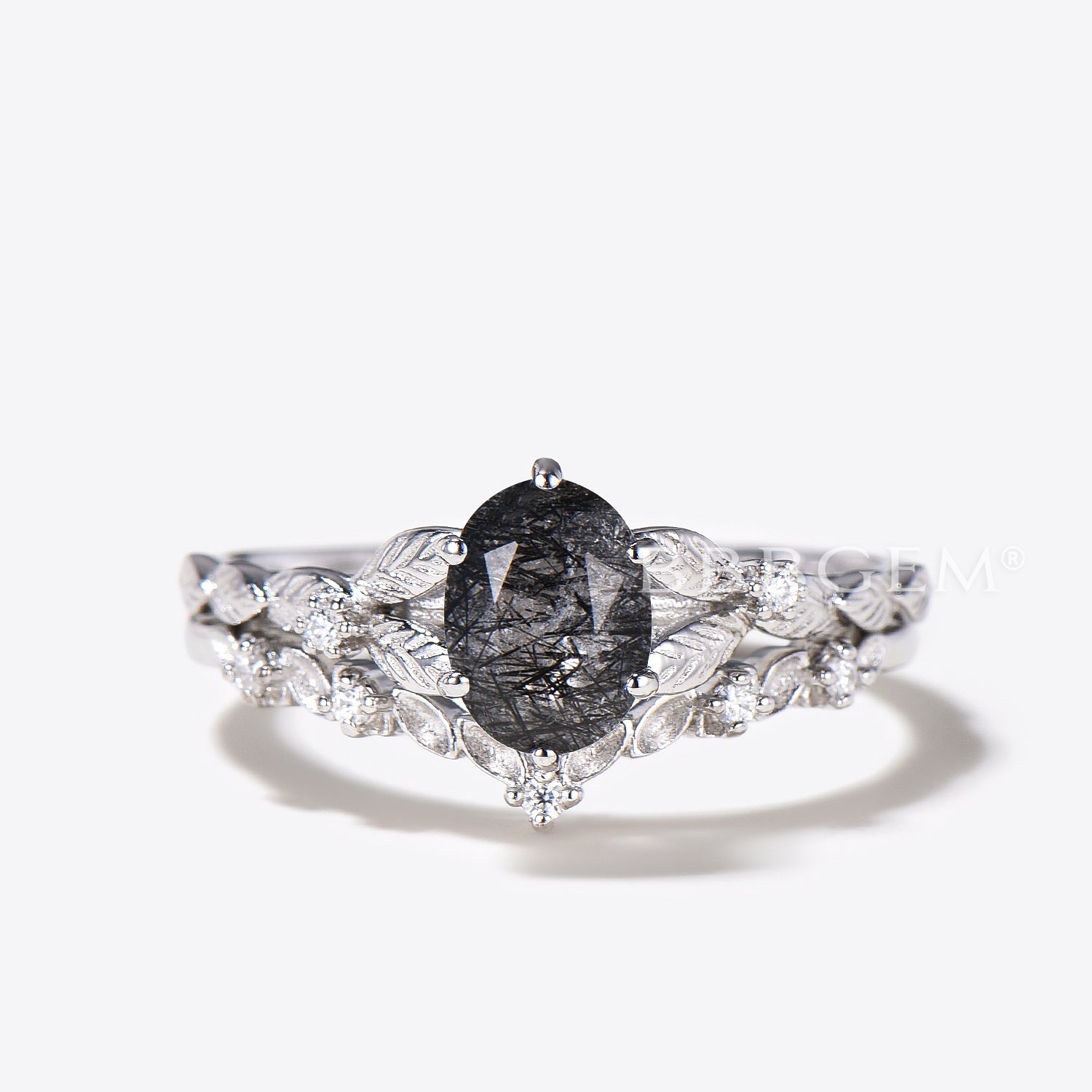 Oval Black Tourmaline & Rutilated Quartz Engagement Ring Set - Nature Inspired V-Shaped Leaf Design with Diamond Accents in Rose Gold - Perfect for Weddings, Anniversaries & Romantic Gifts