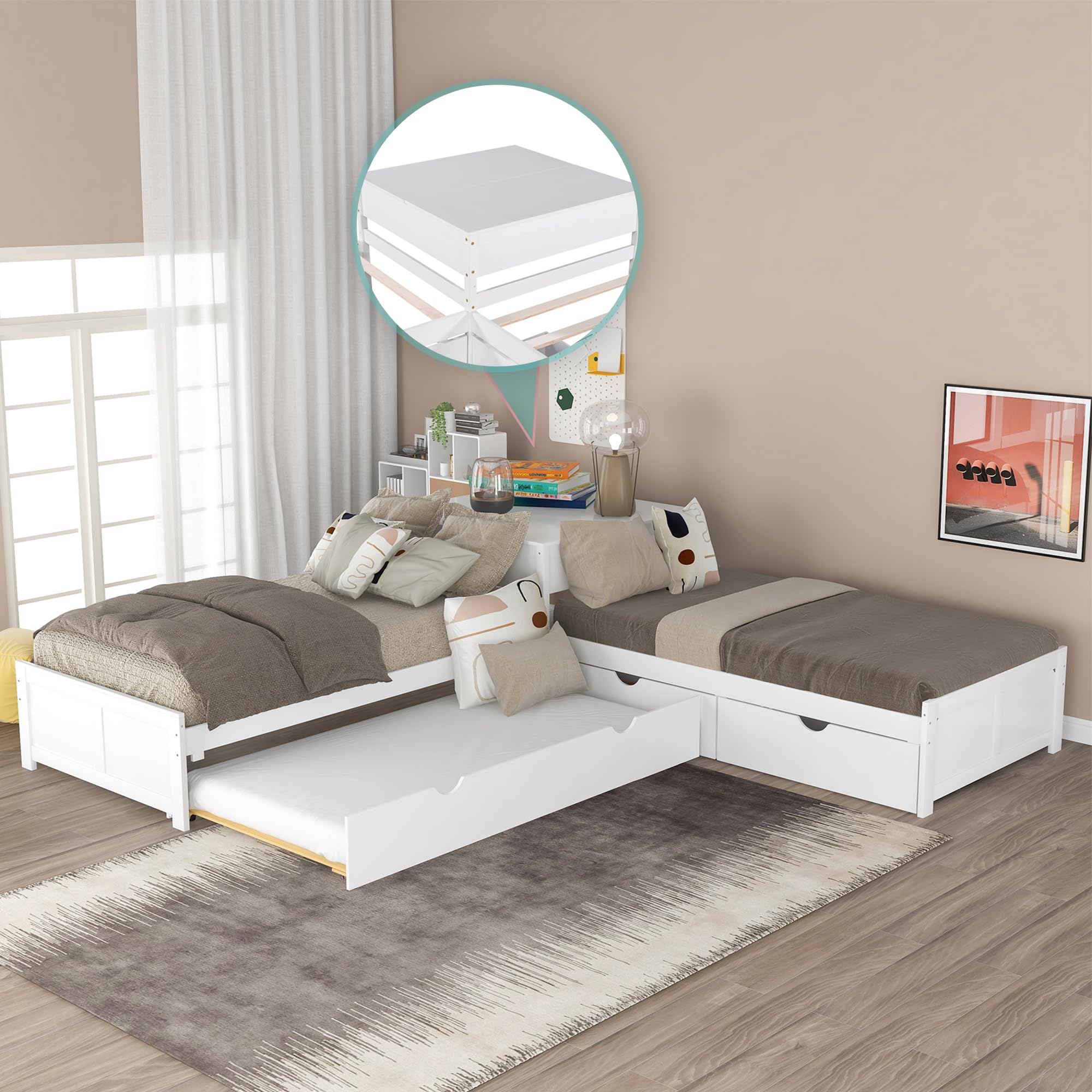 Merax Twin Size L-Shaped Storage Daybed with Trundle - Convertible Platform Bed with 2 Drawers & Built-in Desk - No Box Spring Needed - Perfect for Small Spaces, Living Room, Bedroom or Guest Room (White)
