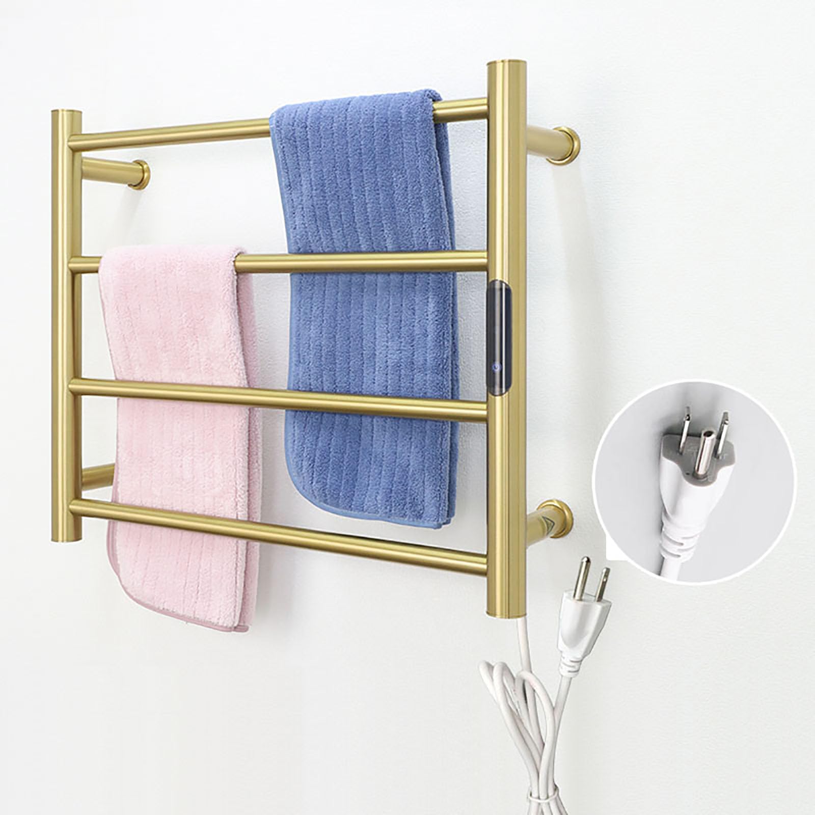 Premium 4-Bar Heated Towel Rack - Brushed Gold Wall Mounted Electric Towel Warmer with Timer & Temperature Control - Perfect for Bathroom, Spa, and Luxury Home Use - Plug-in Design for Quick Drying