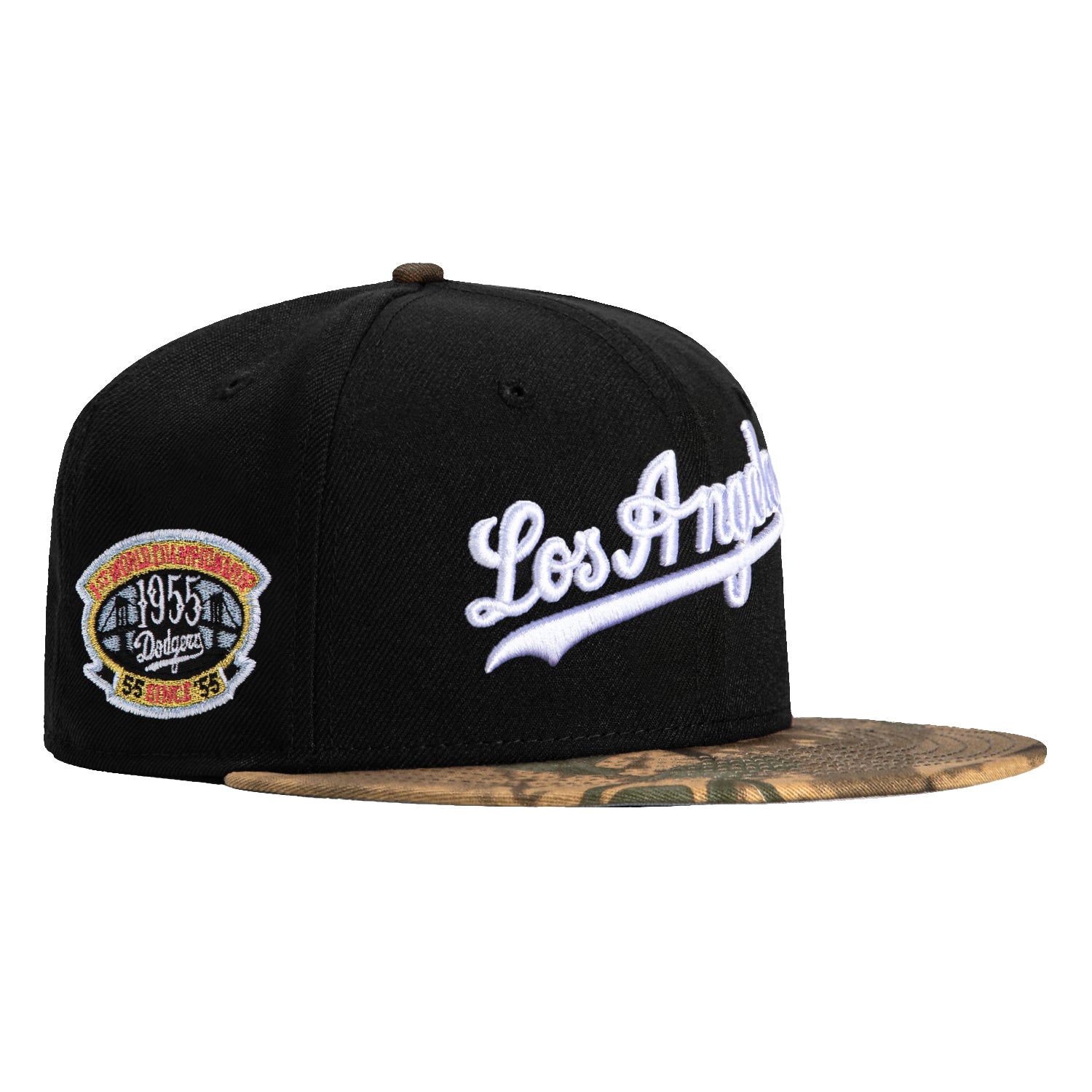 New Era 59Fifty Los Angeles Dodgers 1955 World Series Patch Script Baseball Cap - Black Camo Hat for Men, Vintage MLB Fan Gear, Perfect for Game Day & Streetwear Fashion