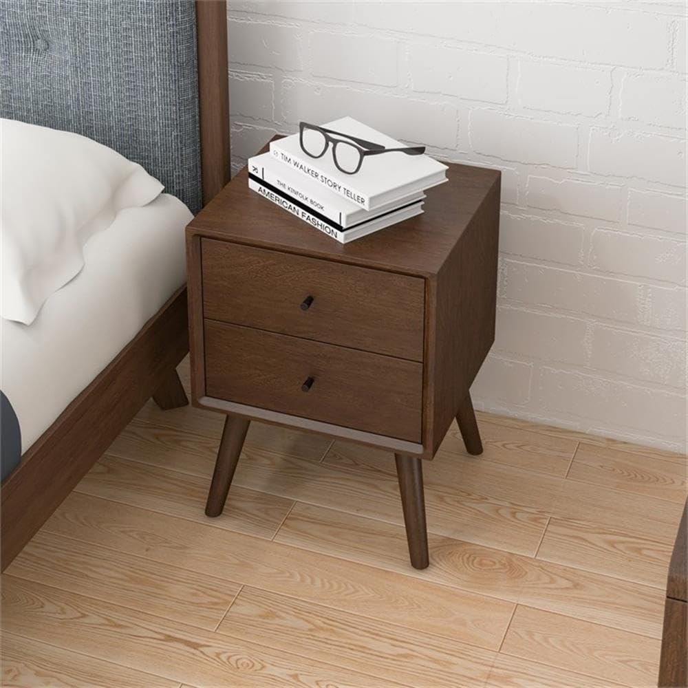 Allora Mid-Century Modern Solid Wood 2-Drawer Nightstand - Brown Finish Bedside Table for Bedroom, Living Room & Guest Room Storage