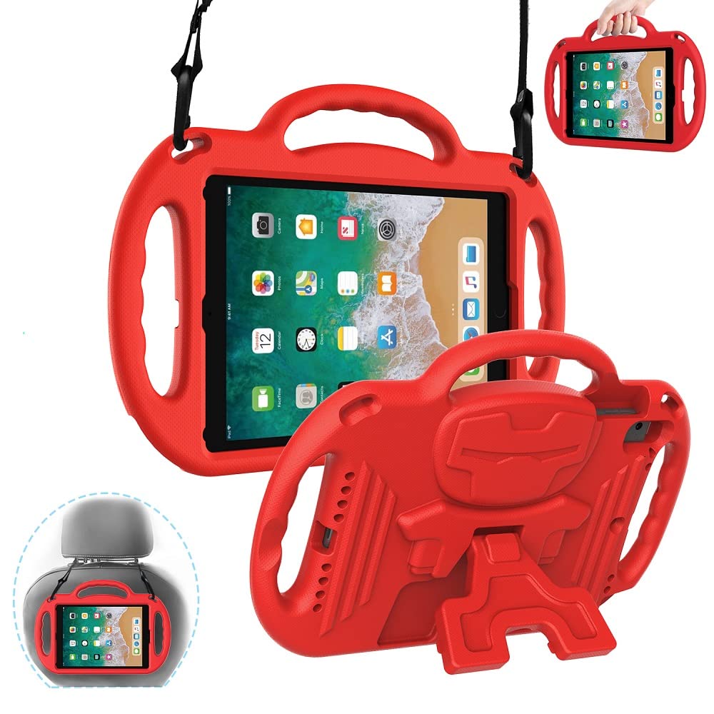 eTopxizu Shockproof Kids iPad Case with Shoulder Strap & Kickstand - Compatible with iPad 6th/5th Gen (9.7 inch 2018/2017), iPad Air 2 & 1 - Durable Handle for Easy Carrying - Perfect for School, Travel & Home Use - Red