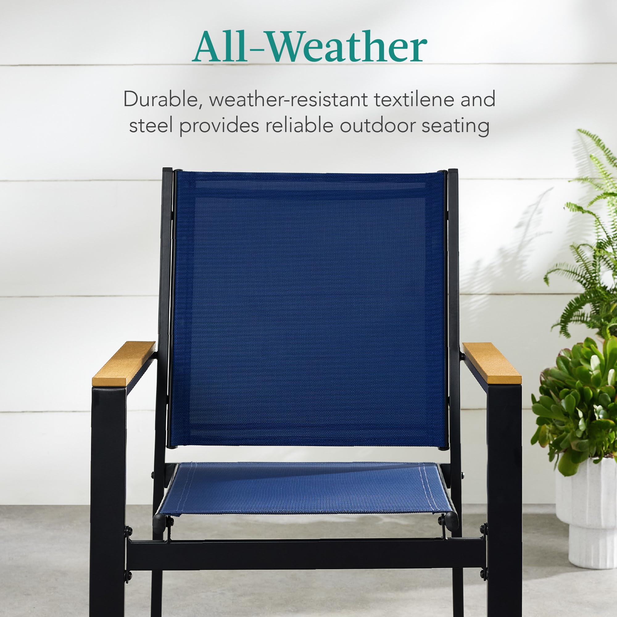 Best Choice Products Set of 2 Stackable Textilene Outdoor Chairs - All-Weather Patio Furniture with Armrests for Dining, Conversation & Relaxation - Black/Navy - Perfect for Backyard, Poolside & Garden Use