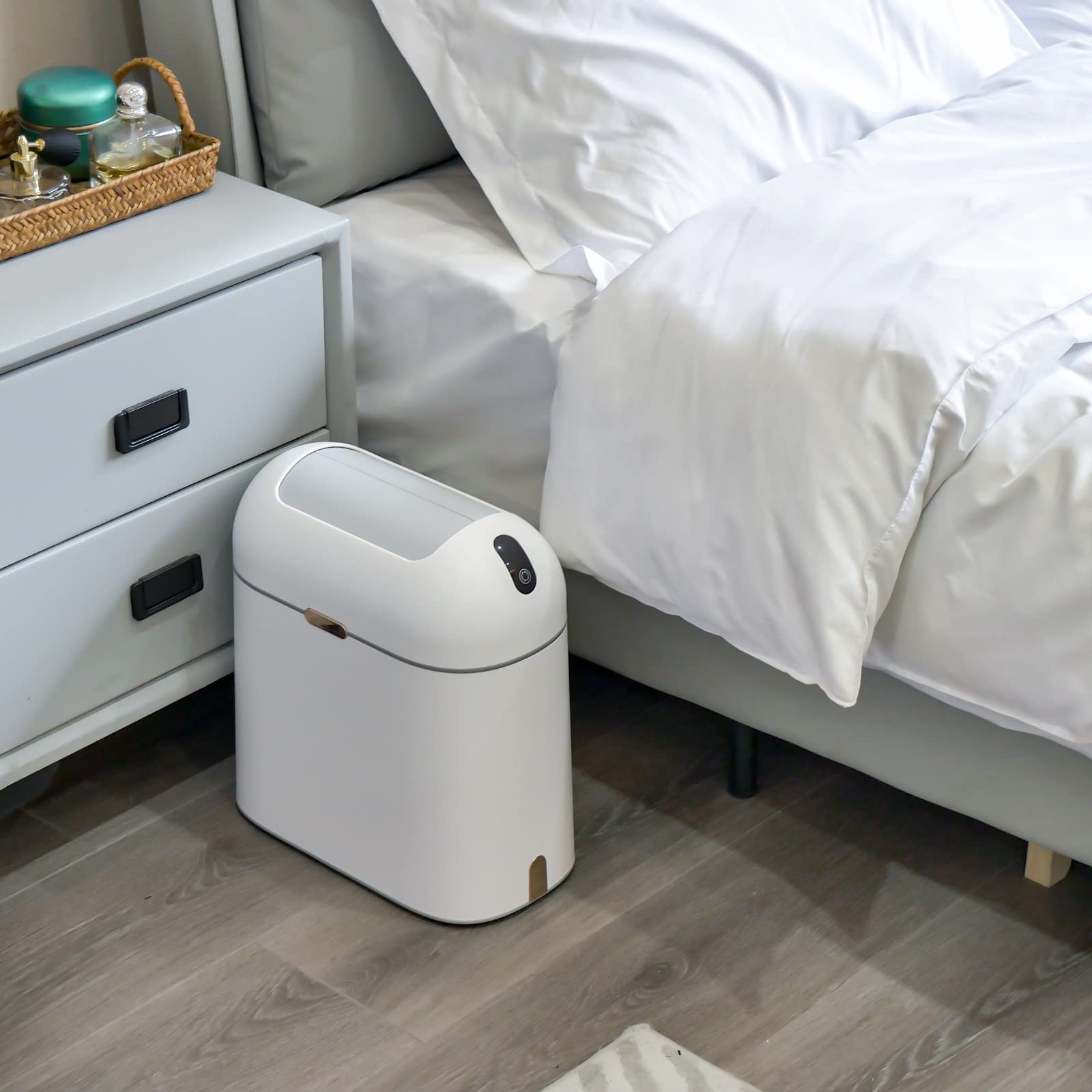 EMANE 13 Gallon Motion Sensor Trash Can with Butterfly Lid - Touchless Automatic Garbage Bin, Waterproof & Odor-Proof for Kitchen, Bathroom, Office - White with Golden Button (Ideal for Hands-Free Waste Disposal in High-Traffic Areas)