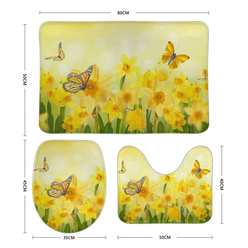Hapuxt 3-Piece Bath Rug Set - Summer Yellow Flower Butterfly Design, Anti-Slip Absorbent Bath Mats, Toilet Lid Cover & U-Shaped Contour Rug - Machine Washable - Perfect for Bathroom Decor and Home Comfort