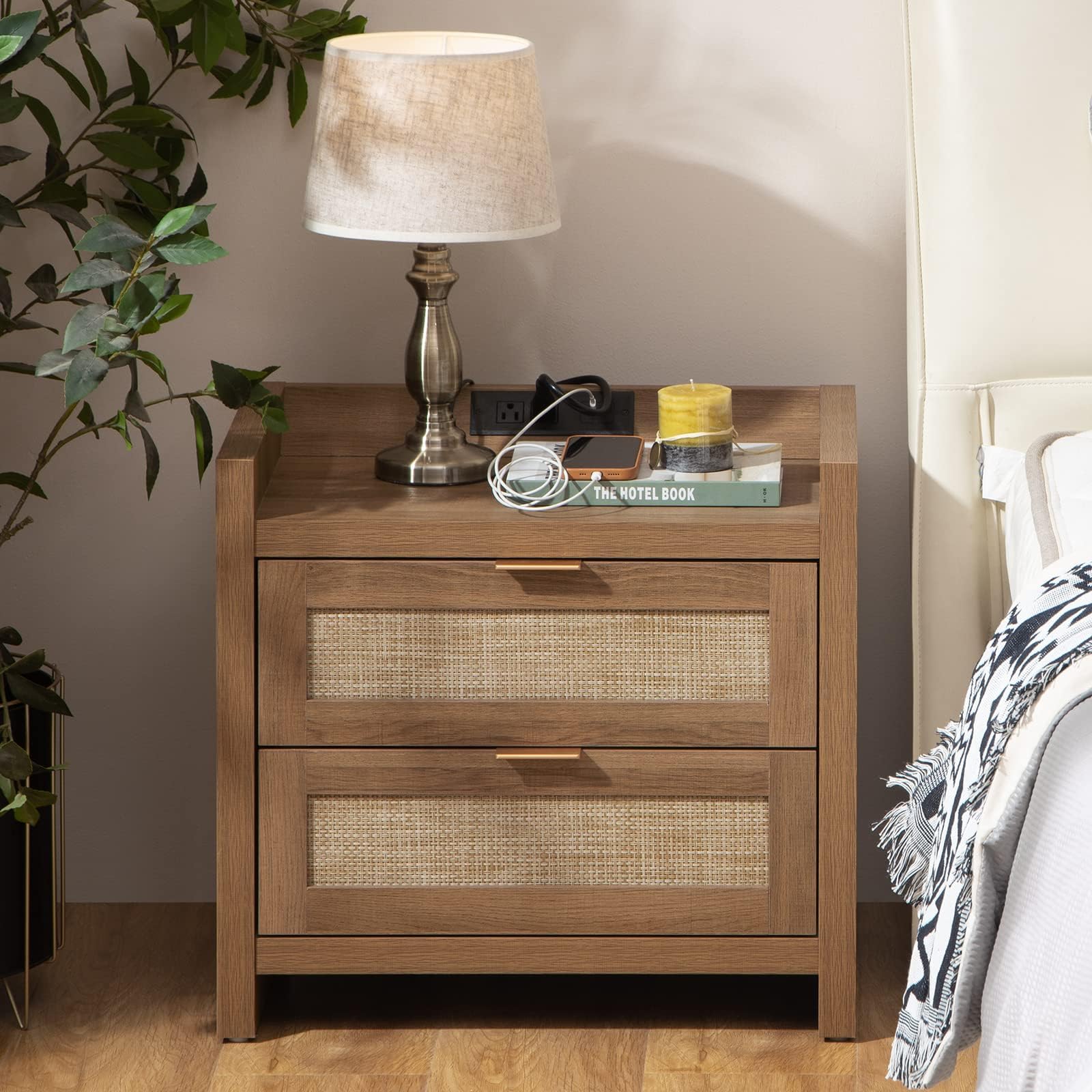 SICOTAS Rattan Nightstand End Table with Type-C Charging Station & 2 Drawers - Boho Bedside Table for Bedroom, Living Room - Natural Oak Finish - Perfect for Small Spaces, Apartment Decor & Modern Farmhouse Style