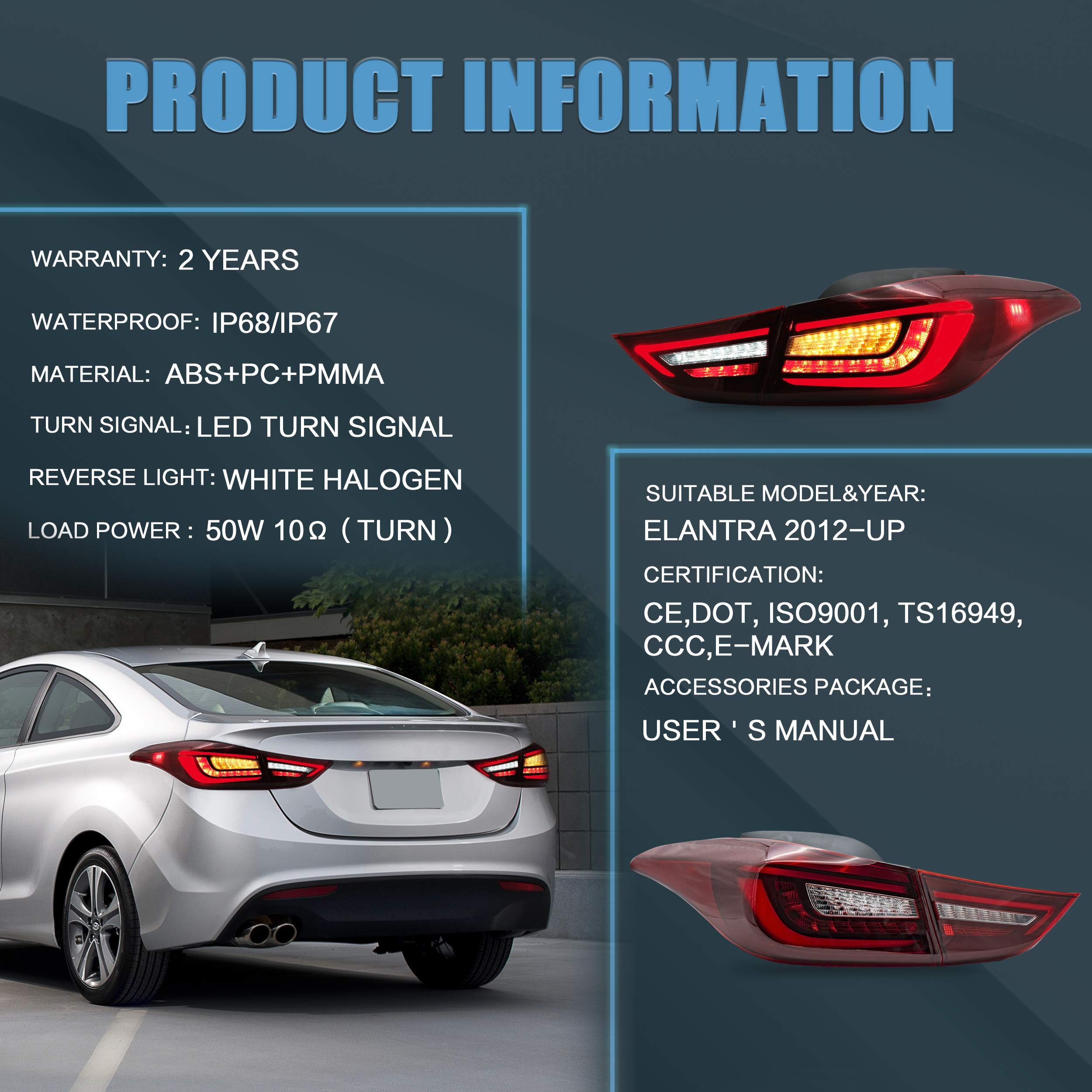 VLAND LED Tail Lights Assembly for 2011-2016 Hyundai Elantra 5th Gen & 2013-2014 Elantra Coupe - Plug & Play Red Lens - Easy Installation & Enhanced Visibility for Night Driving