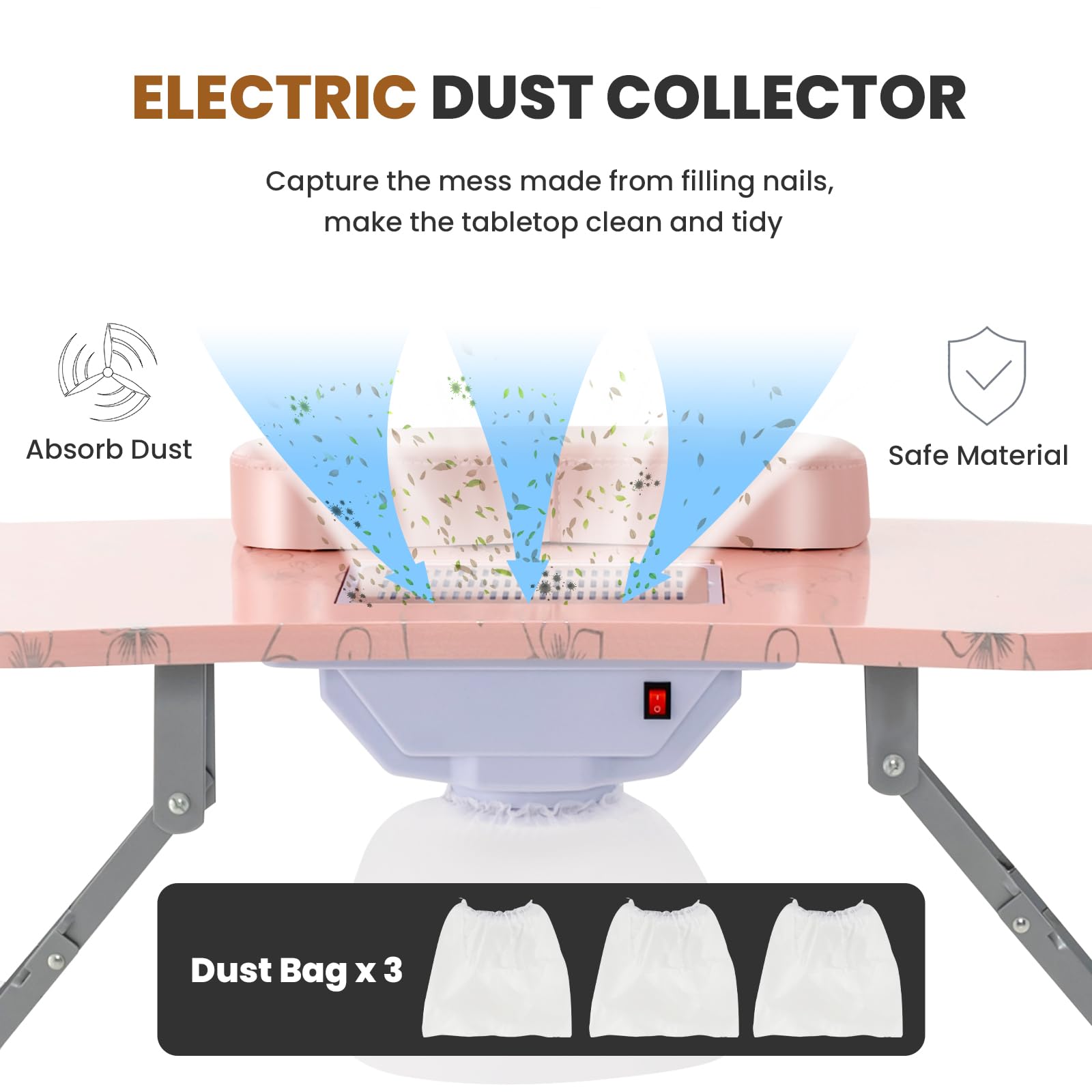 WELLHUT Portable Nail Technician Table with LED Lamp, Ventilation System, Dust Collector, Carry Bag & Cushion - Adjustable Manicure Station with Universal Wheels for Home Spa & Professional Salon Use (Pink) - Perfect for Nail Artists, DIY Enthusiasts & Beauty Professionals