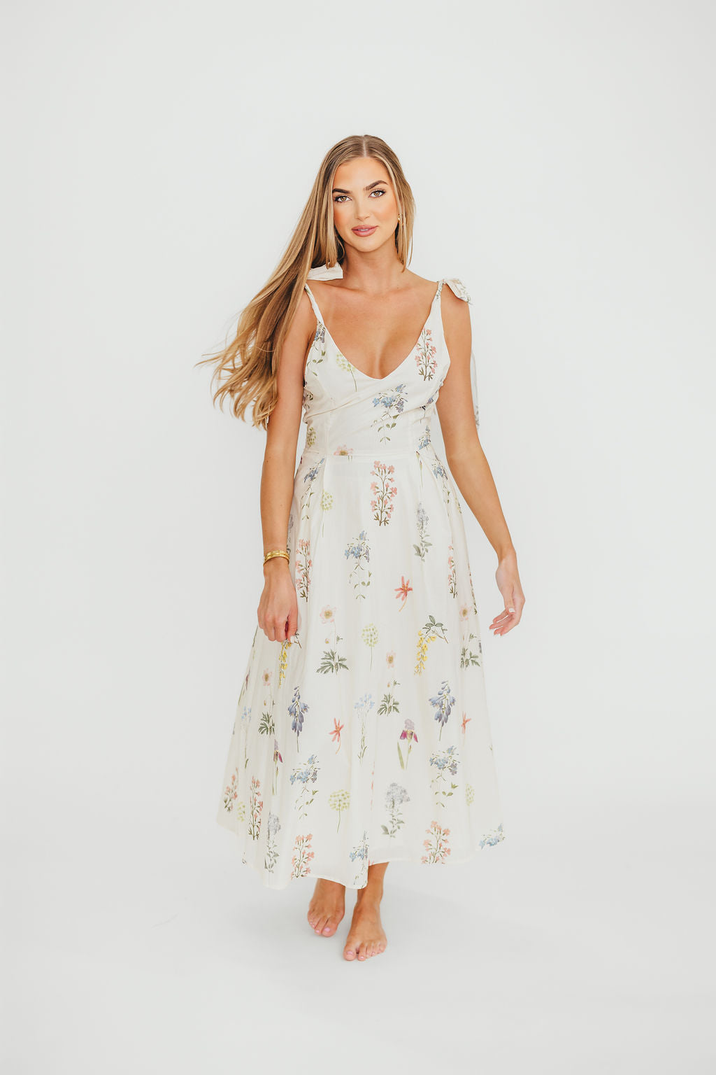 Fawna Floral Midi Dress in Cream - Elegant Floral Print Summer Dress for Women | Perfect for Weddings, Garden Parties & Date Nights