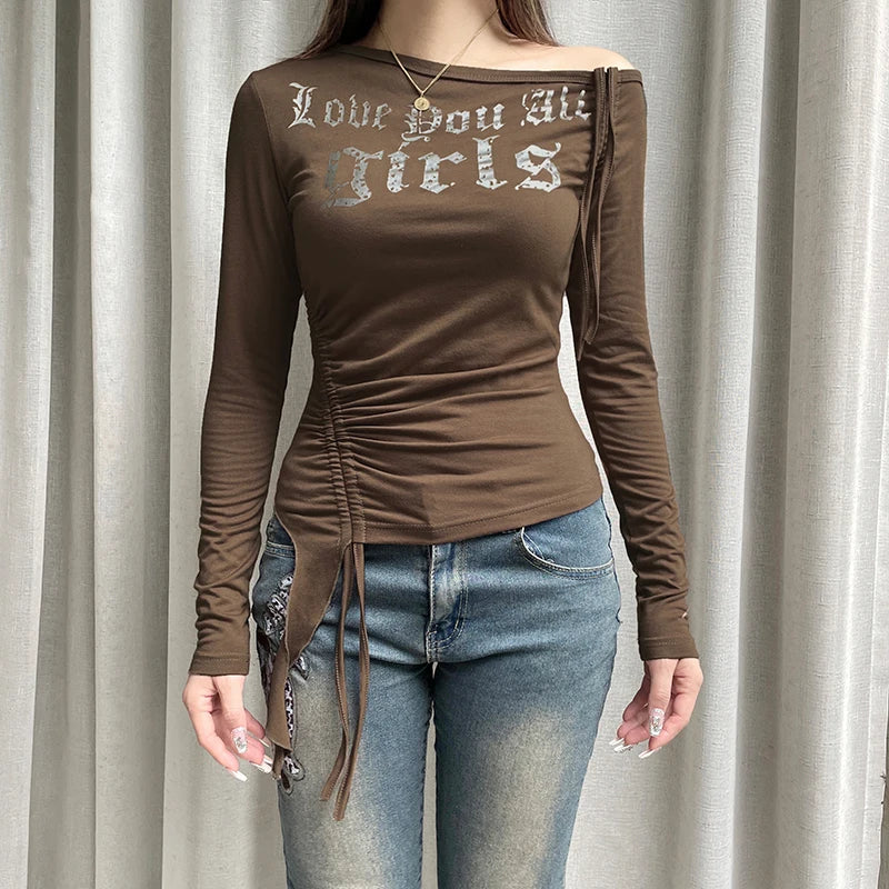 Y2K Asymmetrical Drawstring Top - Women's Retro Harajuku Slim Fit T-Shirt with Ribbon Skew Collar & Shirring Details | Casual Fall Fashion for Streetwear, Party Outfits & Vintage Looks