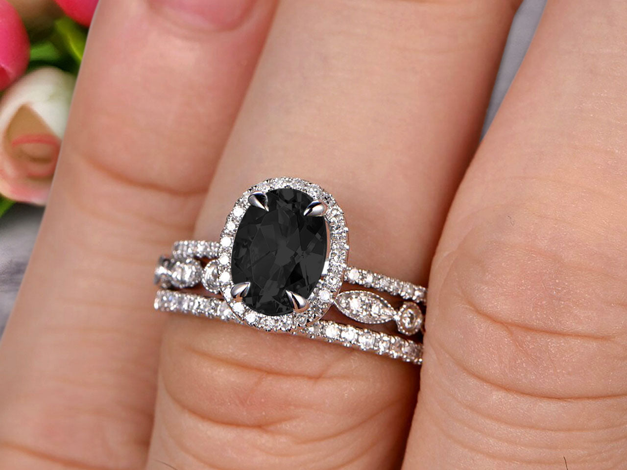 2 Carat Oval Cut Black Diamond Moissanite Engagement Ring - 10k White Gold Vintage Wedding Band Set - Perfect for Anniversary, Proposal & Special Occasions