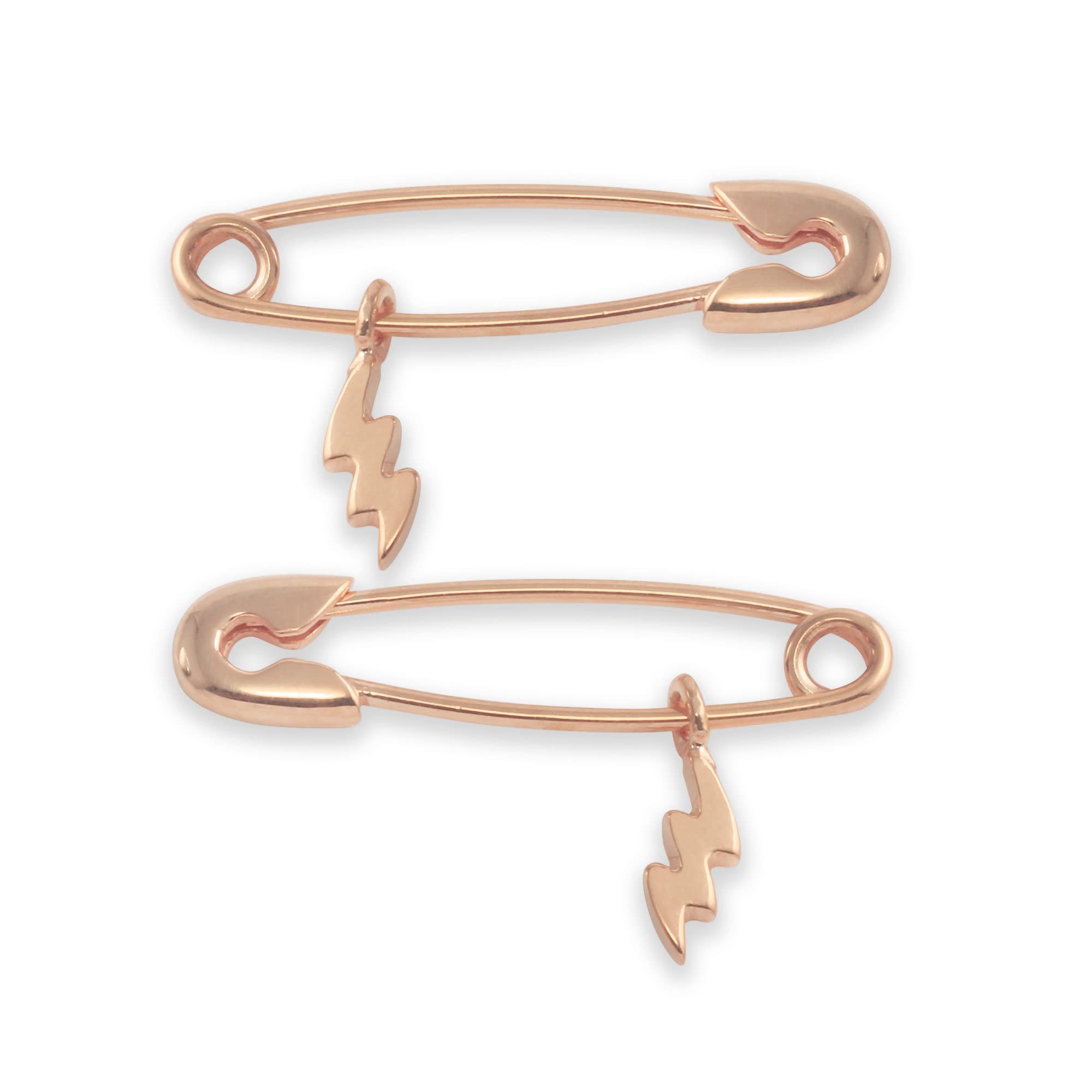 Monte Christo Gold Safety Pin Charm Earring - Single Hoop Earring for Women | Rose Gold Lightning Bolt Design | Made in USA | Perfect for Everyday Wear, Parties & Gifts