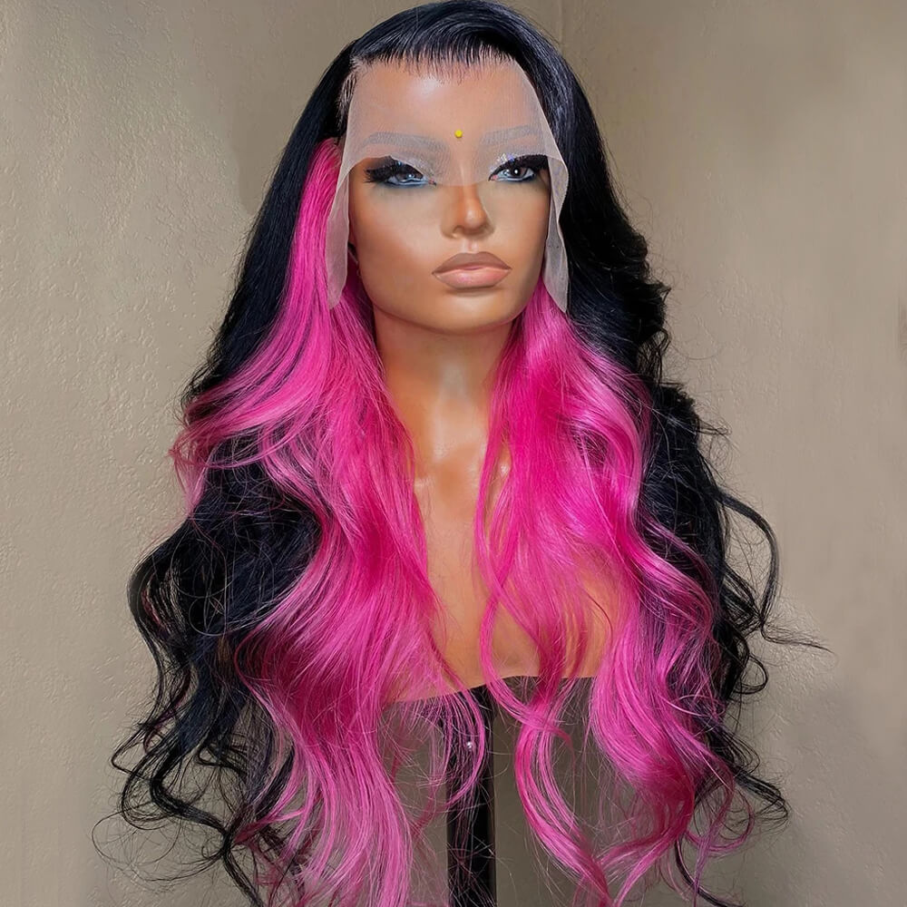 Eullair Human Hair Lace Frontal Wig with Trendy Inner Color (Red/Pink) - Perfect for Daily Wear, Parties & Special Occasions