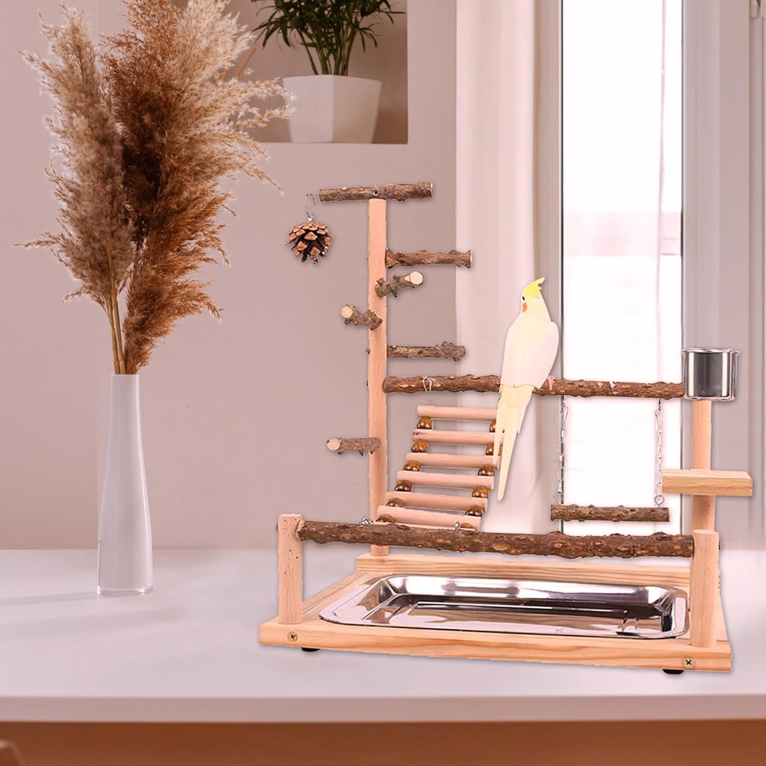 Premium Wooden Parrot Playground Stand - Chewable Bird Perch, Ladder & Swing Toy with Bell & Feeder for Parrots, Cockatiels, Lovebirds | Interactive Bird Cage Accessories for Exercise & Entertainment