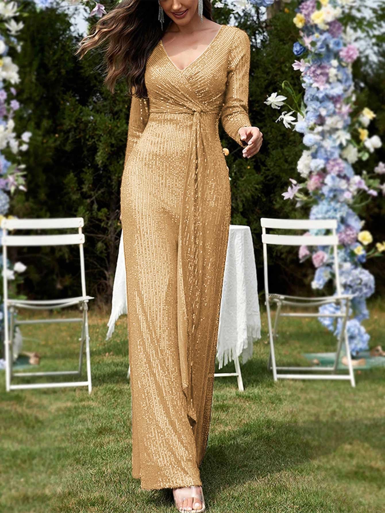 Meilun Women's Long Sleeve Sequin Formal Gown - Sparkly V-Neck Maxi Dress for Evening Parties, Prom, Weddings & Special Occasions