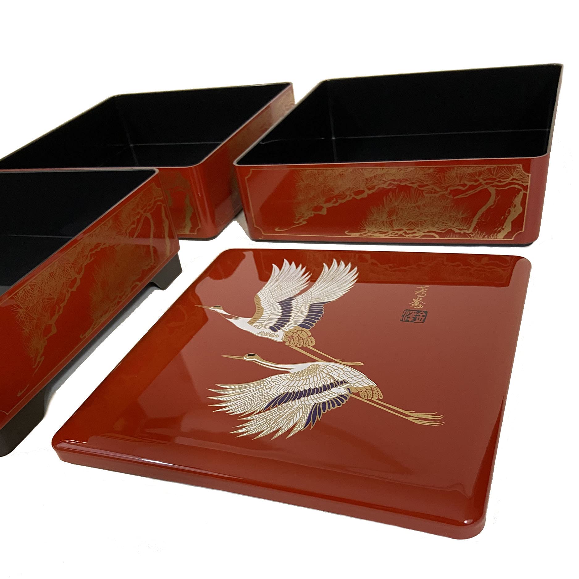 Japanese Traditional 3-Tier Jubako Bento Box Set - 4-Pack Stackable Lacquered Plastic Food Containers for Sushi, Candy & Snacks | Red Crane Design | Made in Japan | Perfect for Parties, Picnics & Gift Giving