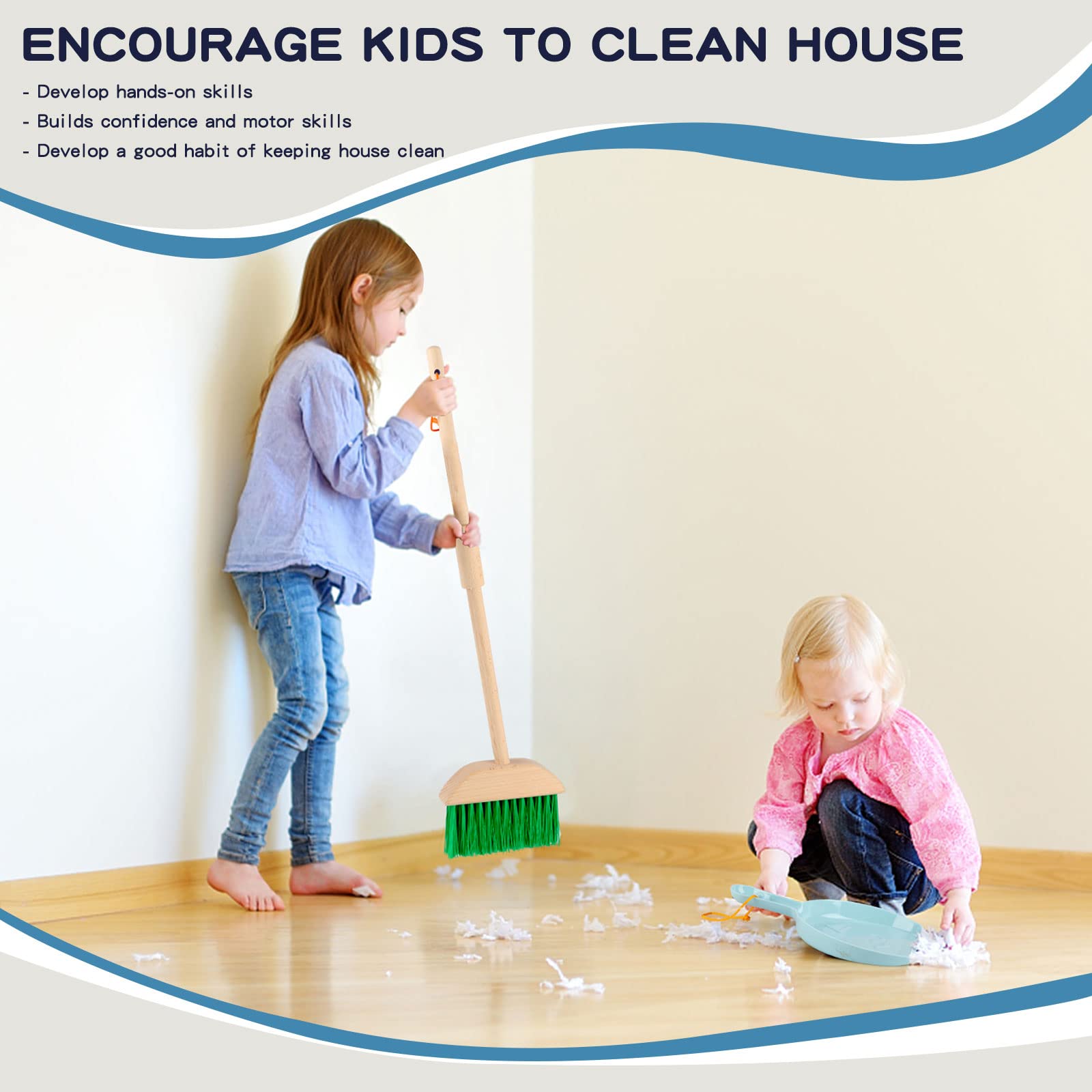 Qilay 7-Piece Kids Cleaning Set - Wooden Broom, Dustpan & Brush for Toddler Pretend Play & Housekeeping