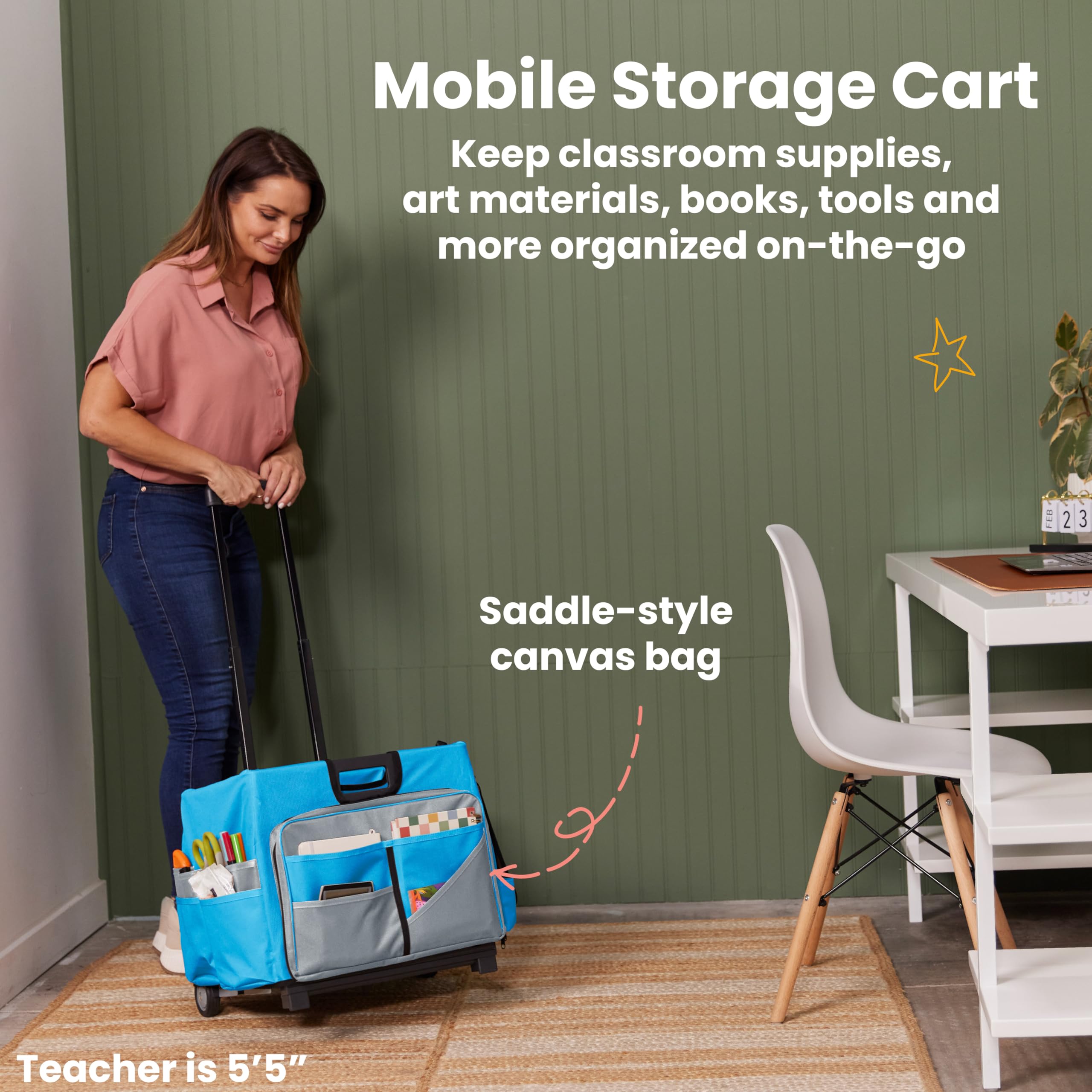 ECR4Kids Universal Rolling Cart with Canvas Organizer Bag - Mobile Storage Cart for Classroom, Office & Home Organization - Blue & Grey Rolling Utility Cart for Supplies, Books & Crafts