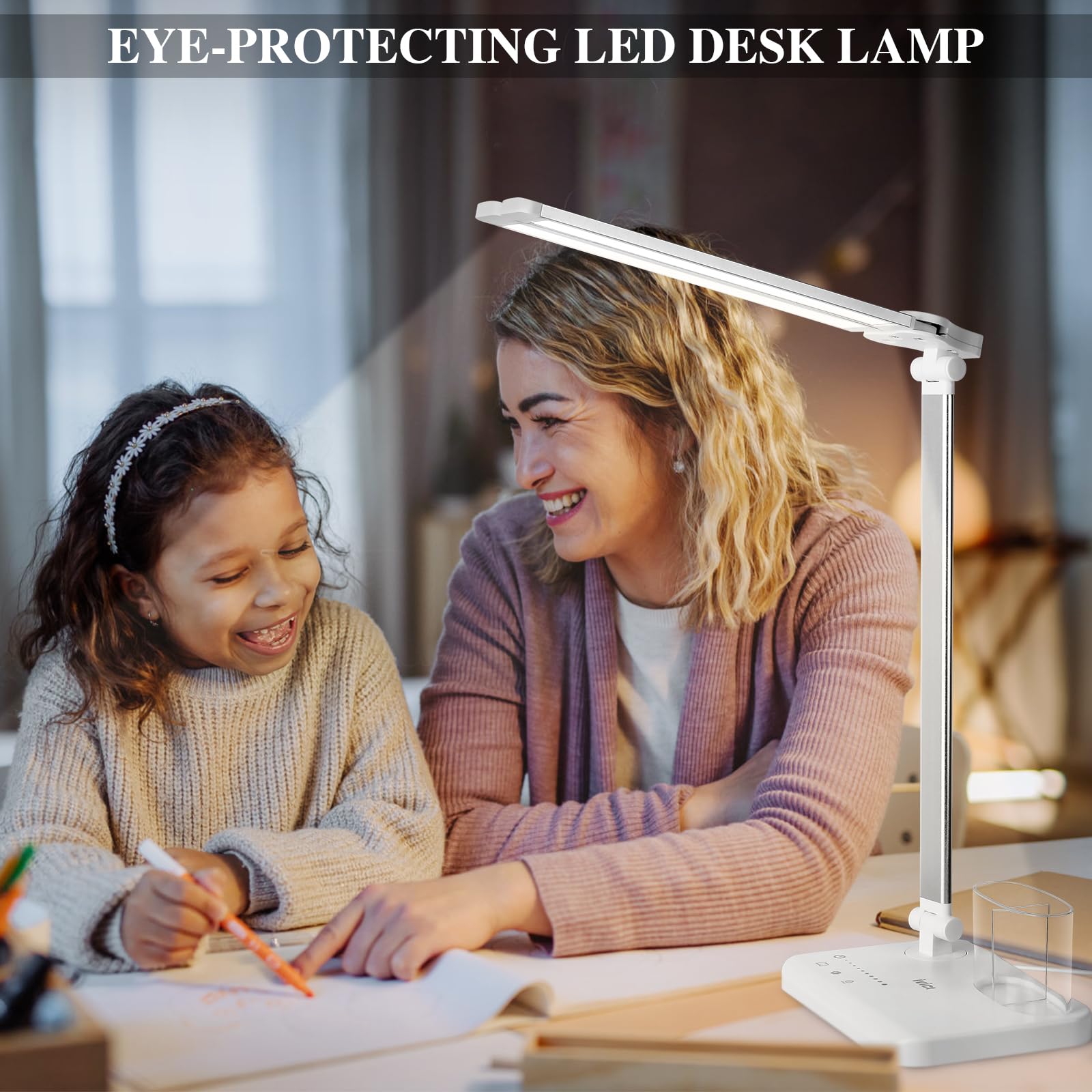 iVict Dual Swing Arm LED Desk Lamp - 5 Light Modes & 10 Brightness Levels with USB Charging Port, 45-Min Auto Timer | Adjustable Table Lamp for Home Office, Bedroom, Reading & Study | Perfect for Night Work, Online Classes & Crafting