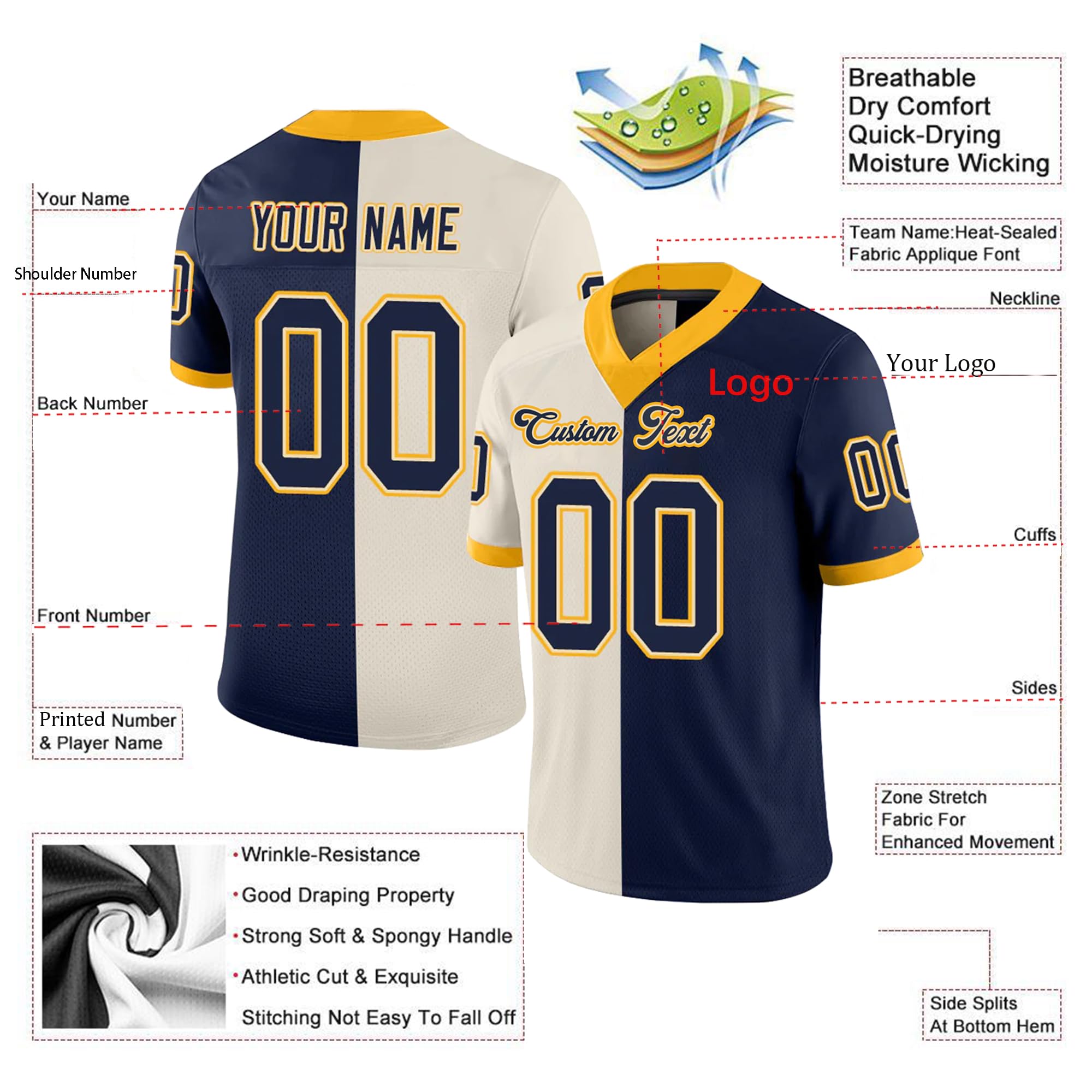 Custom Split Two-Tone Football Jerseys - Personalized Design for Men, Women & Youth - Perfect for Fans & Sports Gifts - Game Day, Team Uniforms & Fan Apparel