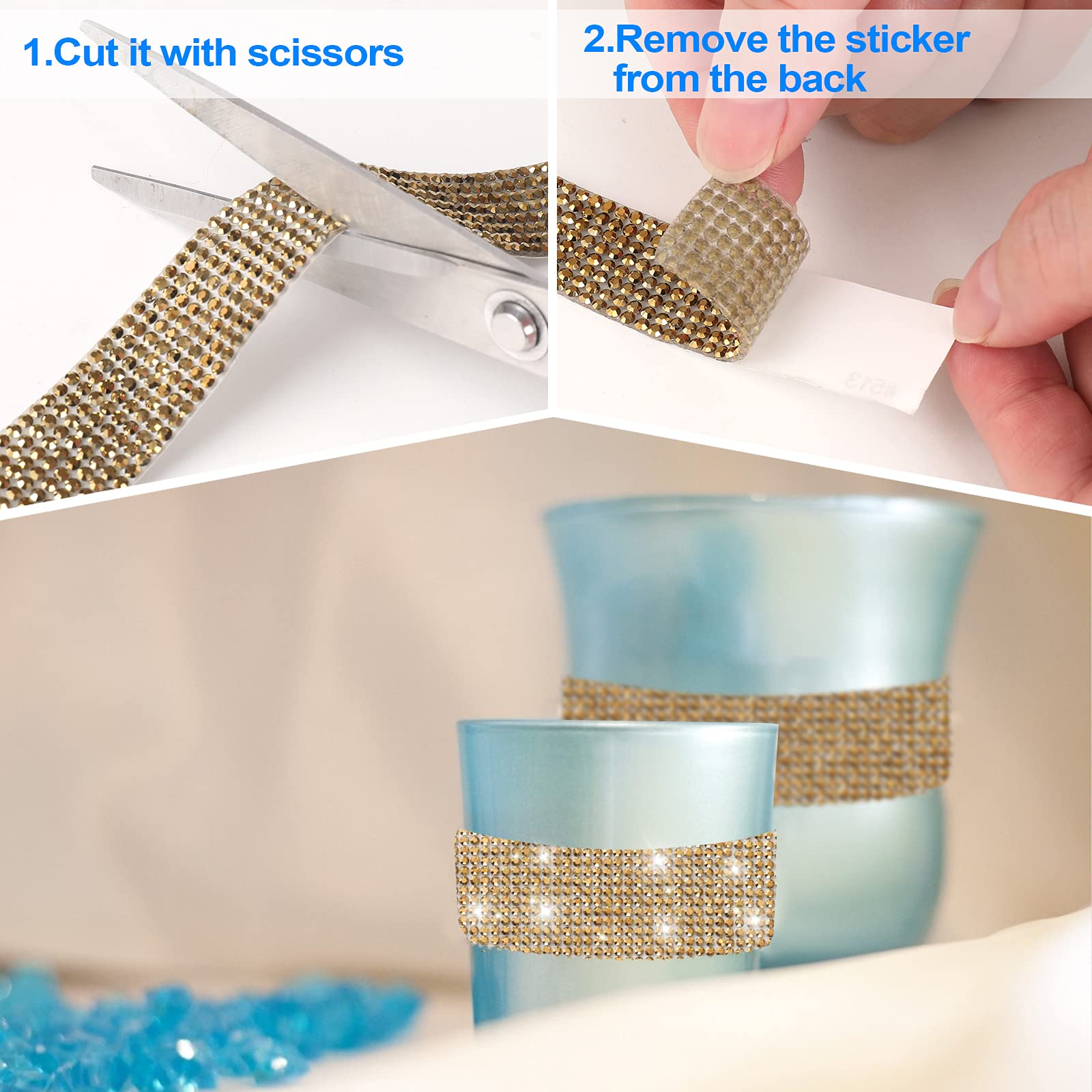 Self-Adhesive Crystal Rhinestone Diamond Ribbon - Gold Rhinestone Decorative Sticker with 2mm Rhinestones for Car Decoration, DIY Crafts, Nail Art, Phone Cases & Home Decor (Gold, 1.2 Inch x 3 Yards)