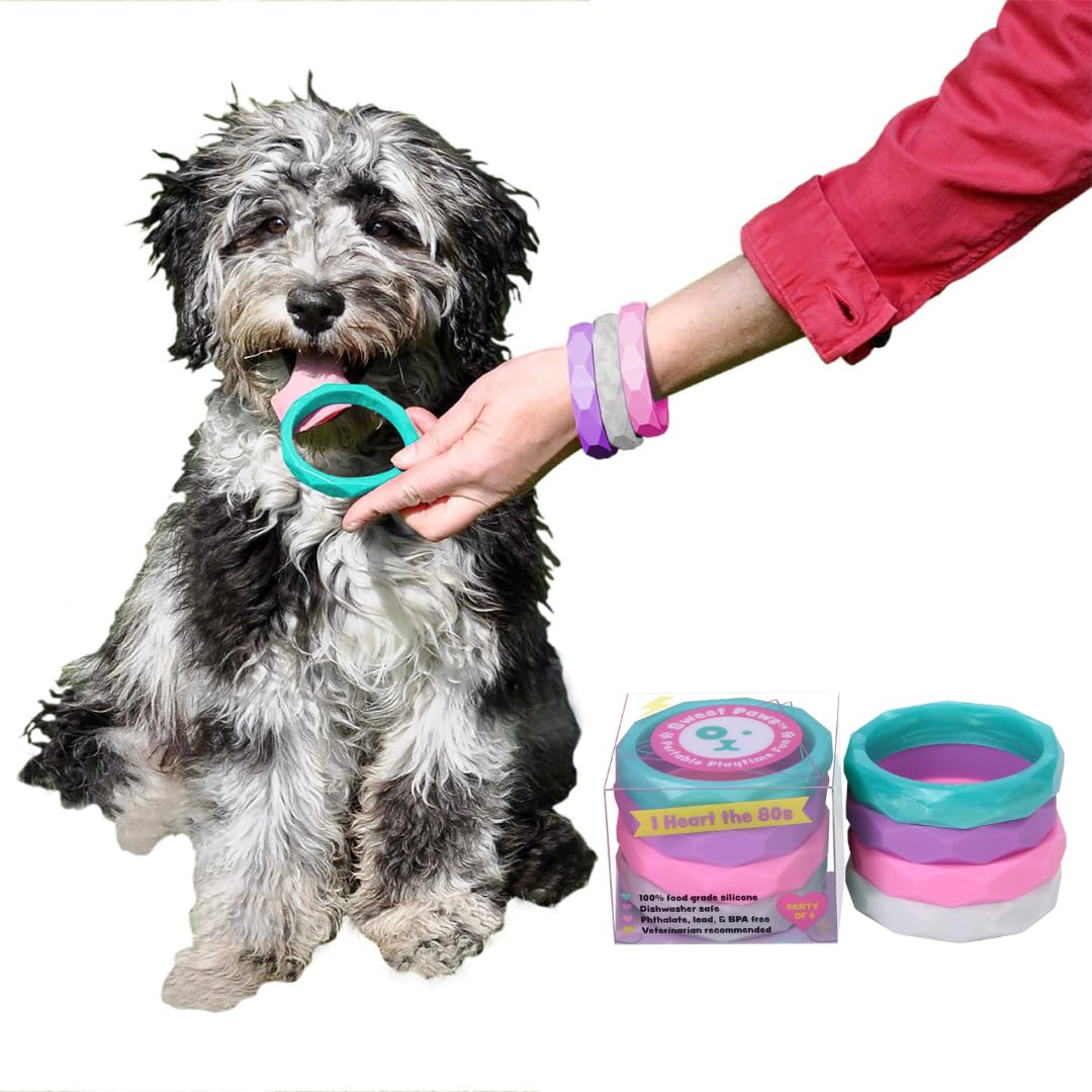 Sweet Paws Puppy Teething Rings - 4 Pack, Food Grade Silicone Chew Toys for Small to Medium Dogs, Puppy Teething Relief & Nipping Solution (0-6 Months) - 80s Retro Design - Perfect for Soothing Sore Gums & Training Playtime