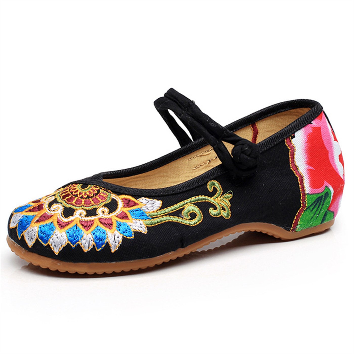 Qhome Women's Fashion Buddhism Totem Embroidery Casual Chinese Mary Jane Flats Shoes - Comfortable & Stylish Slip-Ons for Daily Wear, Work, and Cultural Events