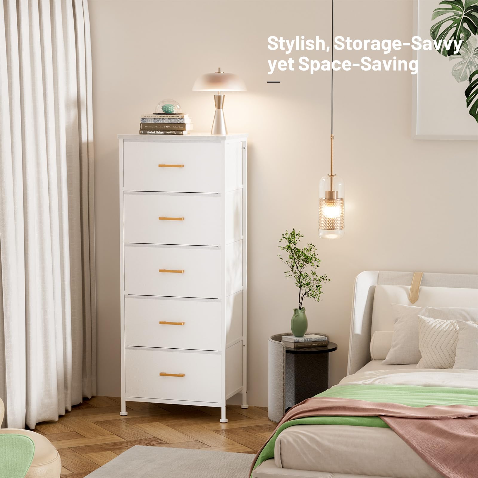 5-Drawer Tall Dresser for Bedroom - White Storage Tower with Sturdy Steel Frame & Wood Top | Perfect for Closet Organization, Nursery, Dorm Room & Home Decor | Includes Fabric Bins & Leather Finish