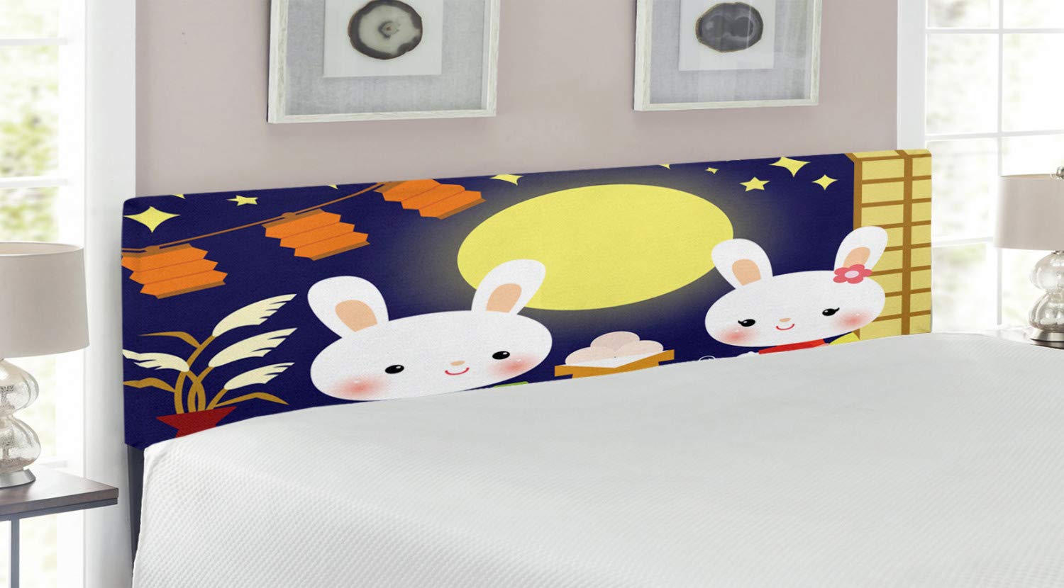 Ambesonne Anime Headboard - Little Bunnies Tsukimi Moon Watching Festival Design, Upholstered Decorative Metal Bed Frame with Memory Foam, King Size, Multicolor - Perfect for Anime Lovers' Bedroom & Japanese-Themed Decor