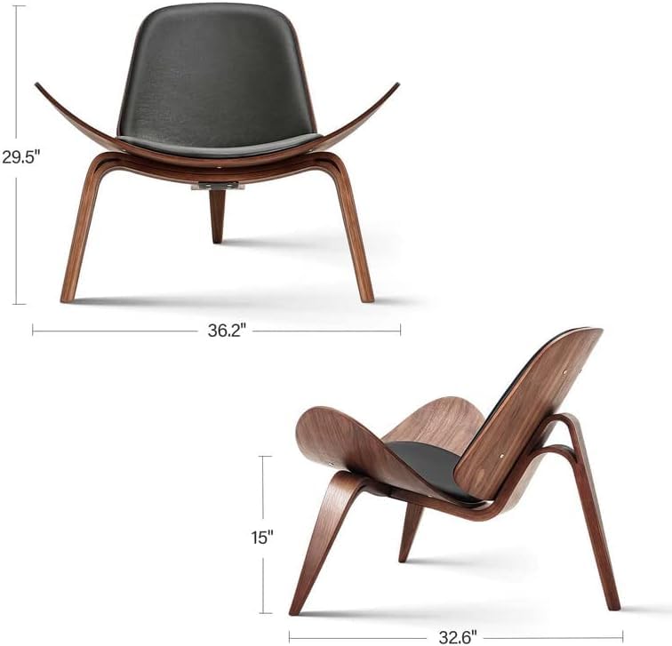 Mid Century Modern Shell Lounge Chair - PU Leather Upholstery, Tripod Plywood Base & Solid Wood Accent - Classic Design Living Room Chair for Reading Nook, Office Lounge & Salon Decor (Brown) - Perfect for Modern Homes, Coffee Shops and Waiting Areas