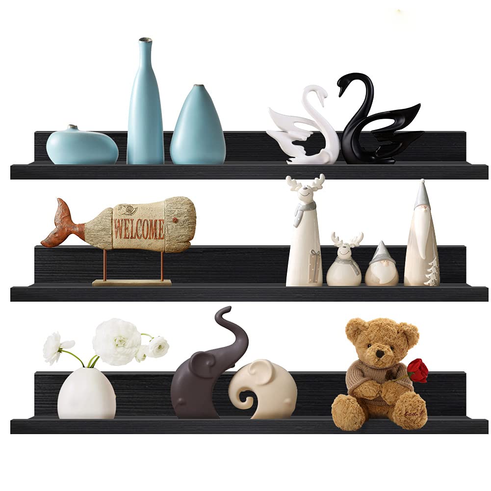 Lavezee 36 Inch Black Floating Wall Shelf Set of 3 - Modern Picture Ledge with Lip for Photos, Decor & Storage - Perfect for Office, Bedroom, Living Room & Kitchen Organization