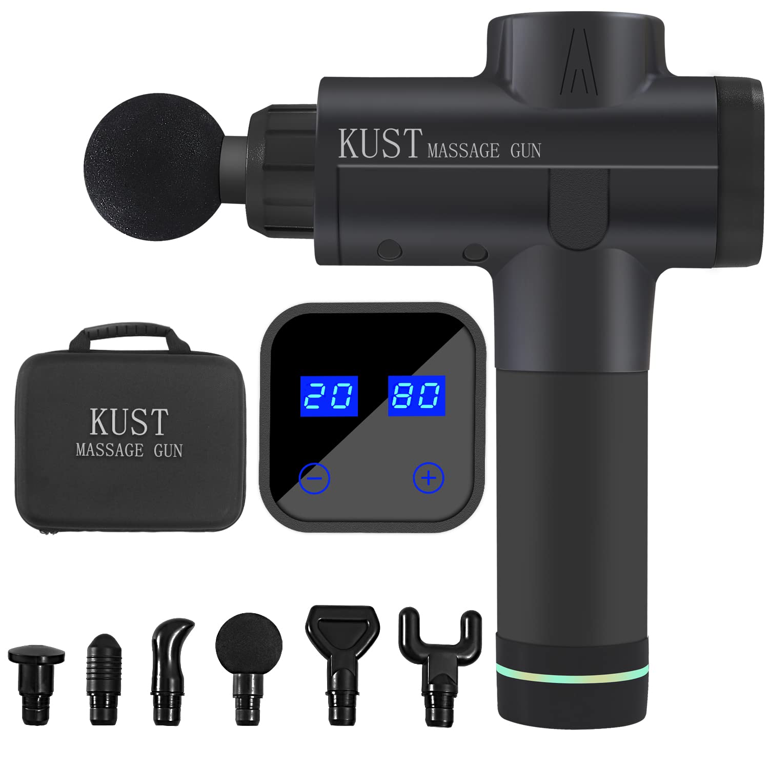 KUST Massage Gun - Handheld Electric Deep Tissue Massager for Athletes M08, 6 Interchangeable Heads & 20 Speed Levels, High Intensity Percussion Therapy - Perfect for Muscle Recovery, Pain Relief & Sports Performance