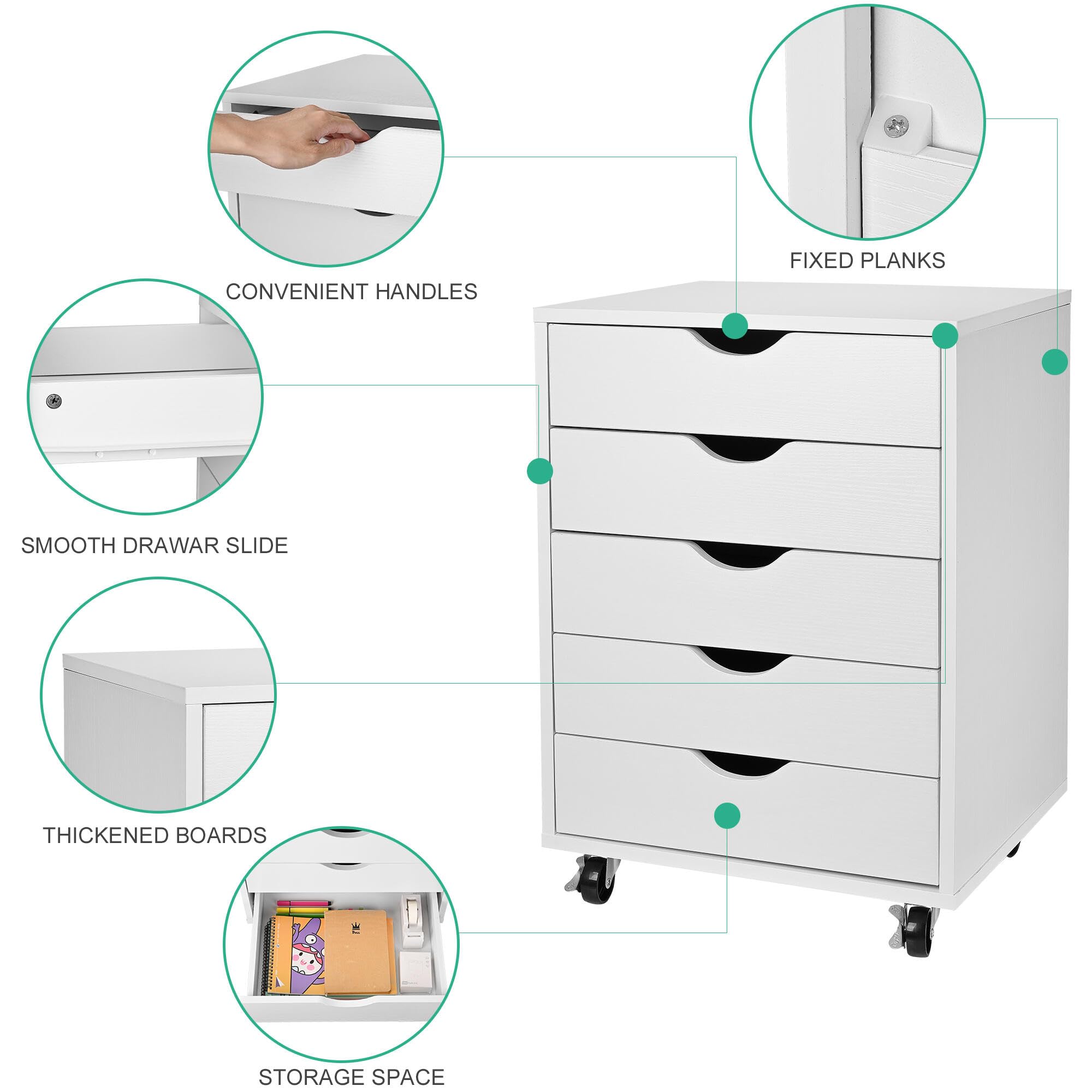 5-Drawer Vertical File Cabinet with Wheels - White Home Office Storage for Files, Folders & A4 Documents | Under Desk Filing Solution for Small Spaces & Organization