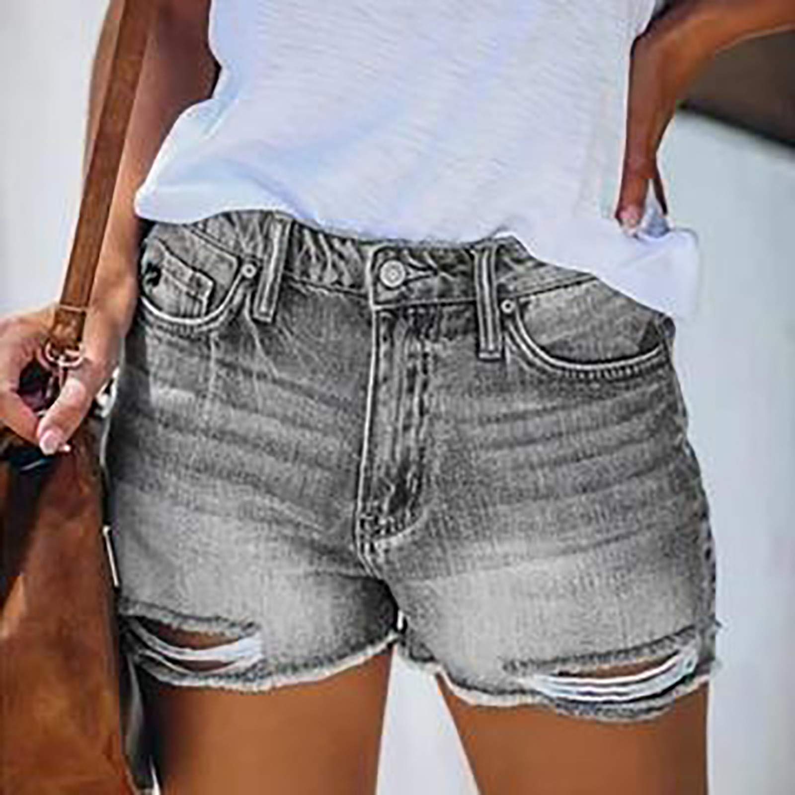 Women's High Waisted Ripped Denim Shorts with Pockets - Summer Casual Stretchy Jeans for Teens & Women