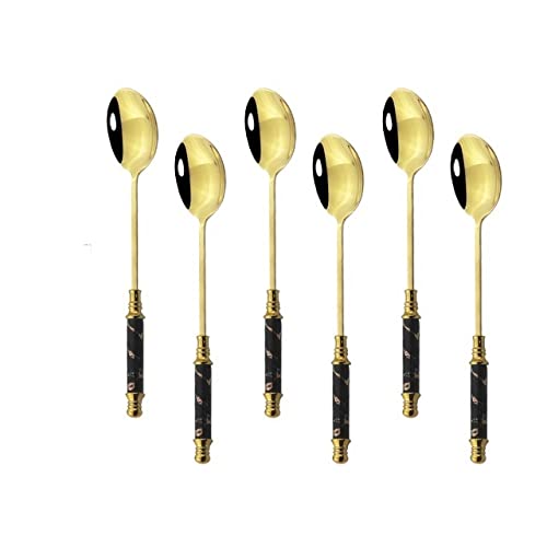 Premium 6-Piece Gold Stainless Steel Long Handle Tea Spoons Set - Elegant Black Gold Dessert, Ice Cream, Coffee Spoons for Kitchen, Dining & Party Tableware