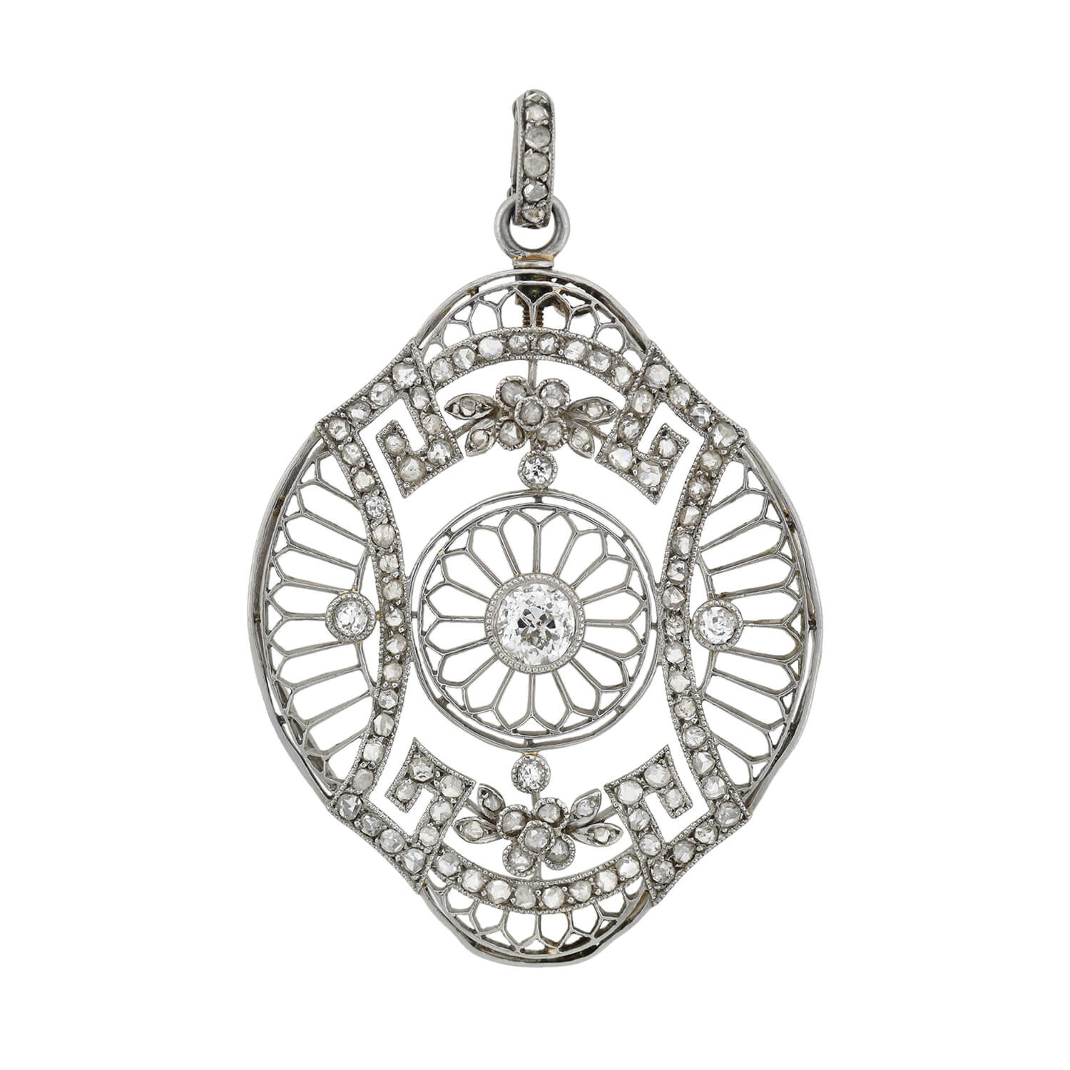 Edwardian French Large Platinum Diamond Floral Motif Filigree Pendant 1.05ctw - Vintage Jewelry for Weddings & Special Occasions