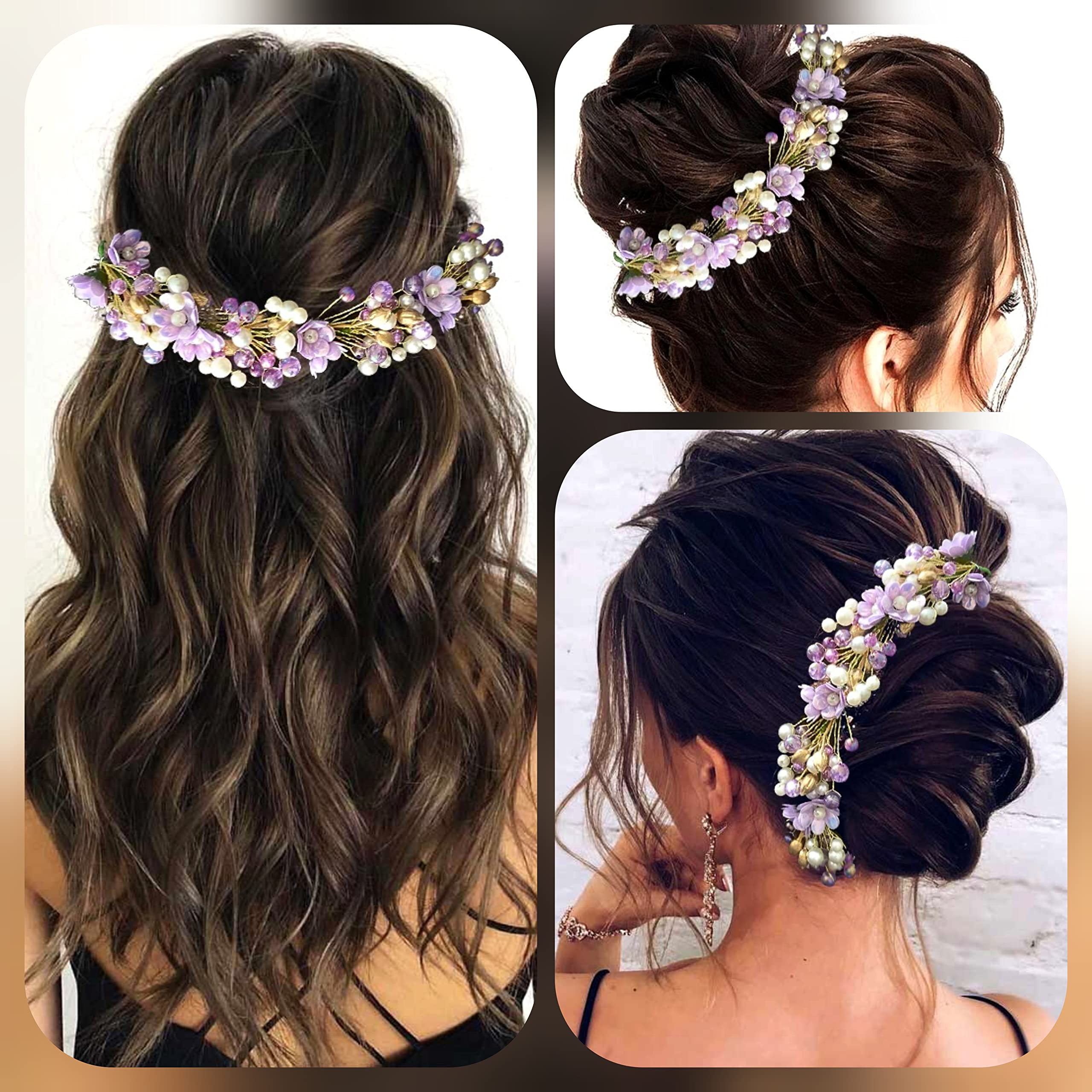 Artificial Small Rose Hair Clip with Metal and Pearls - Bridal Hair Bun Accessories for Women & Girls (Purple) - Perfect for Weddings, Prom, and Special Occasions