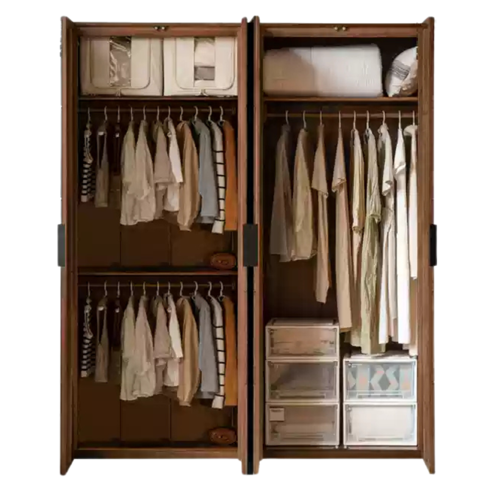 70.8x23.2x86.6 inch / 180x59.8x220cm / Rich Dark Walnut color / 4-door solid wood A-type wardrobe
