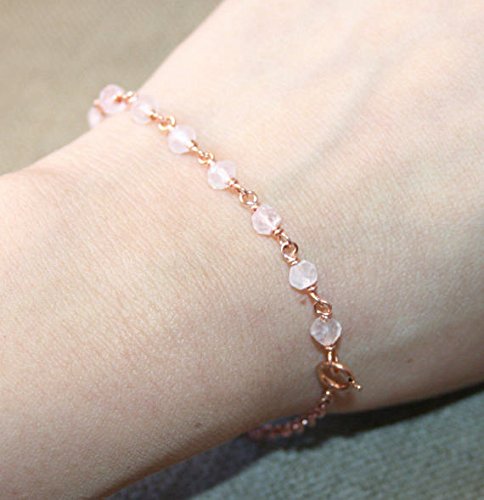 14K Rose Gold Filled Dainty Rose Quartz Bracelet - 4mm Minimalist Layering Bracelet with Small Pink Gemstone for Bridesmaids, Everyday Wear & Gift Giving