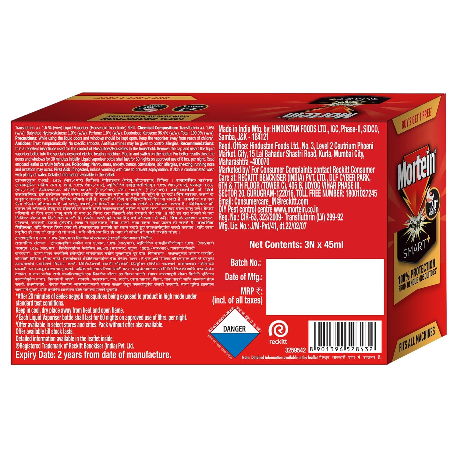 Mortein SmartPlus Mosquito Repellent Refill 45ml x 3 Pack - Insect Killer for All Machines | 100% Dengue Protection | Indoor & Outdoor Use for Home, Camping, Travel