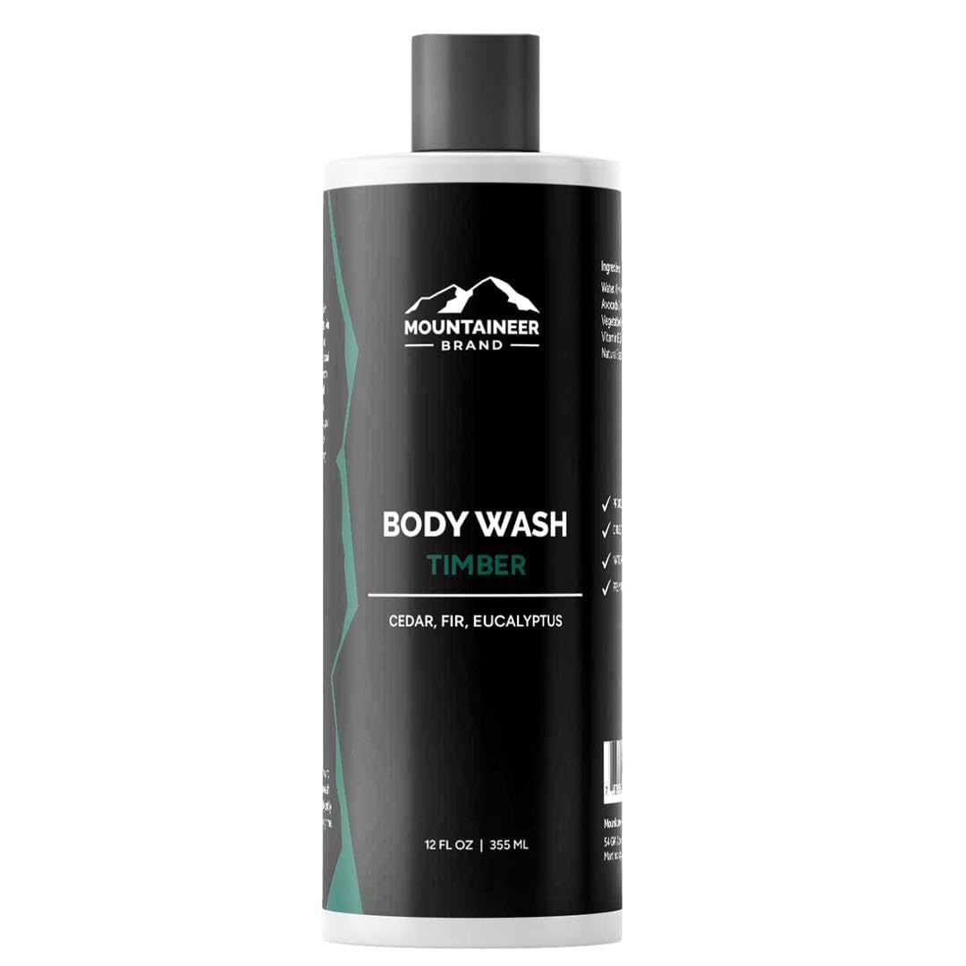 Mountaineer Brand Natural Body Wash for Men - 100% Organic Shampoo & Body Cleanser | Hydrating & Softening for Hair & Skin | 12oz Timber Scent | Perfect for Outdoor Camping & Gym Shower