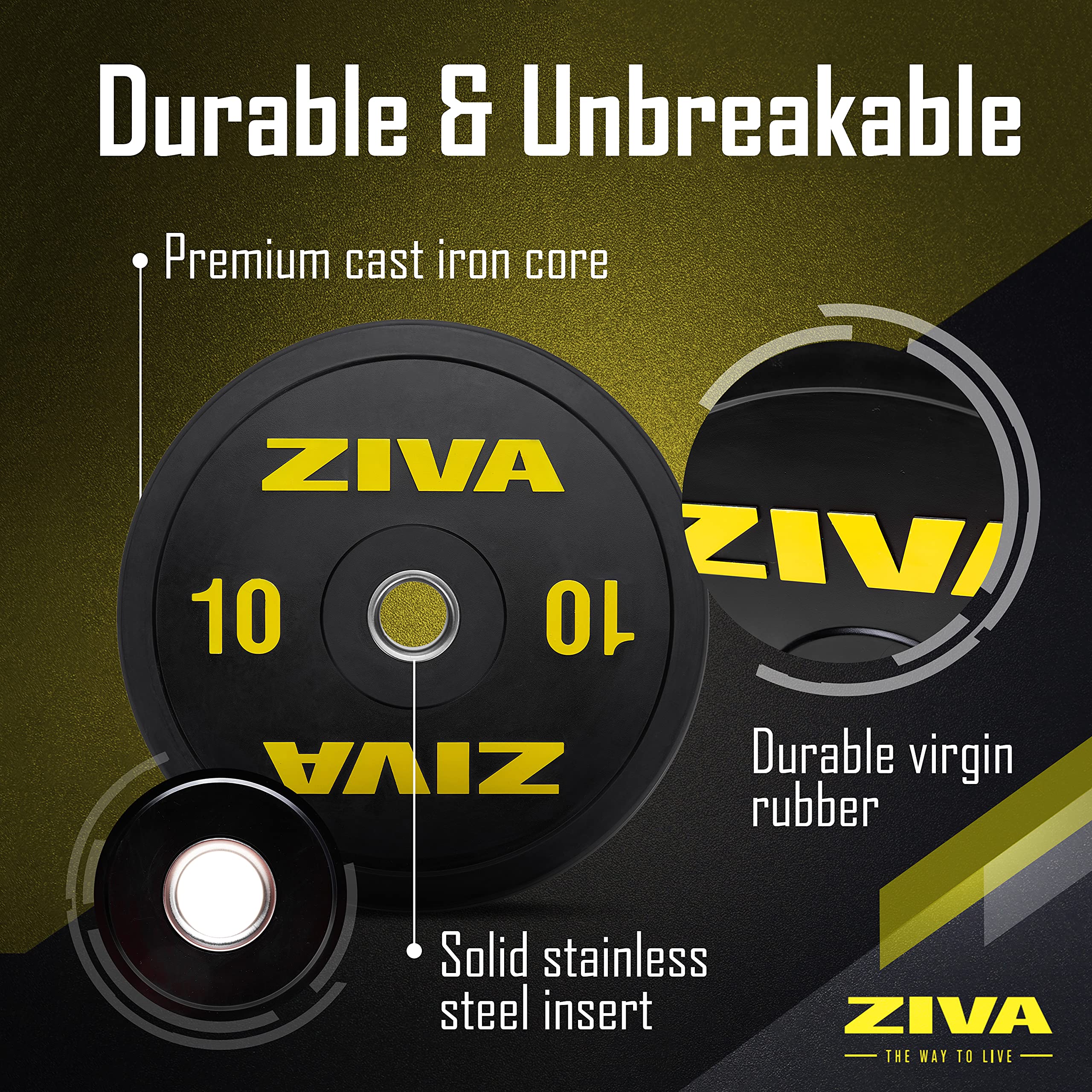 ZIVA 45 lbs Rubber Bumper Weight Plate - Olympic 2-Inch Strength Training Plate with Stainless Steel Insert & Durable Virgin Rubber Coating - Low Bounce Design for CrossFit, Gym, and Home Workouts
