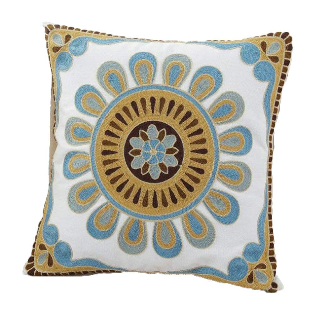 ZUODO Blue Embroidered Bohemian Cushion Cover 18x18 Inches (45x45cm) - Handmade National Embroidery Pillow Case for Home, Car, Sofa Decor - Perfect Housewarming Gift (Sunflower Blue, 1pc) - Great for Living Room, Bedroom & Office Decor