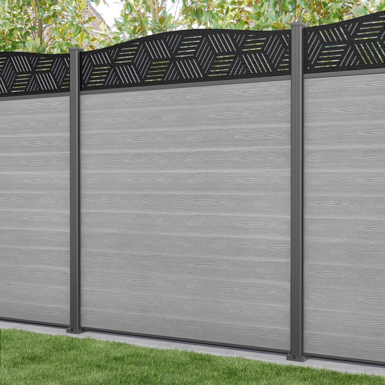 Classic Cubed Curved Top Fence Panel - Light Grey Aluminum Privacy Fence with Durable Posts | Perfect for Backyard, Garden & Poolside Security