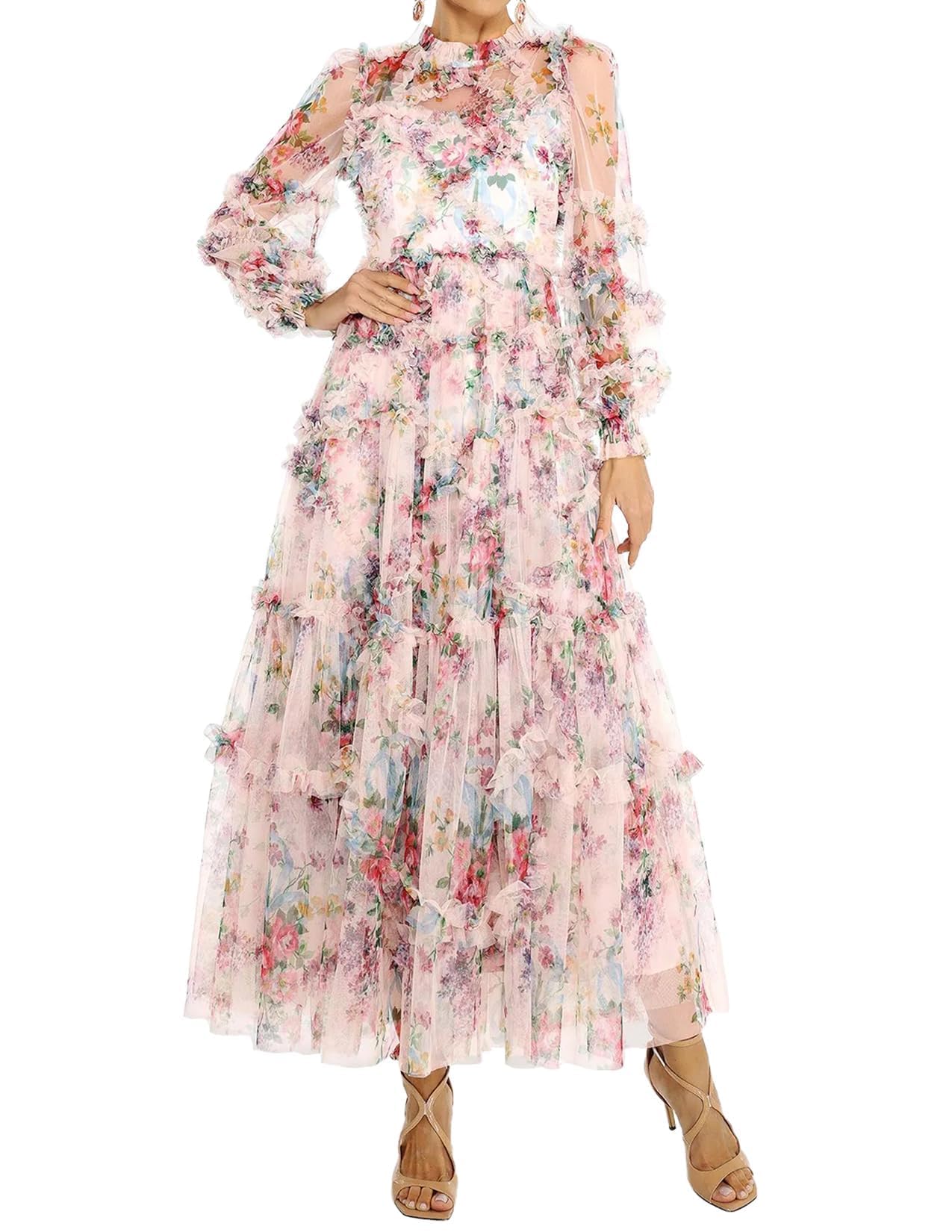 BELLA BARNETT Women's Fairy Floral Printed Mesh Sun Dress - Elegant Beige Summer Dress for Date Night, Beach Vacation & Outdoor Parties