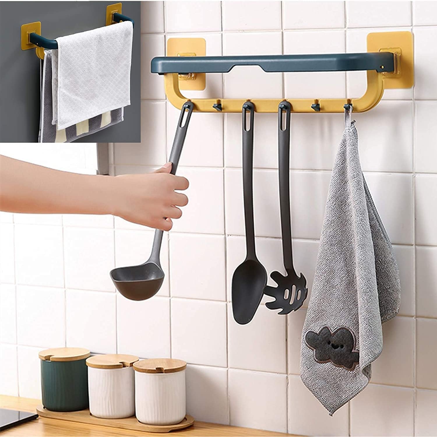 Wall Mounted Double Bar Towel Holder with Hooks - Adjustable Multifunctional Towel Rack for Kitchen & Bathroom - Folding Towel Shelf for Space Saving Storage & Organization